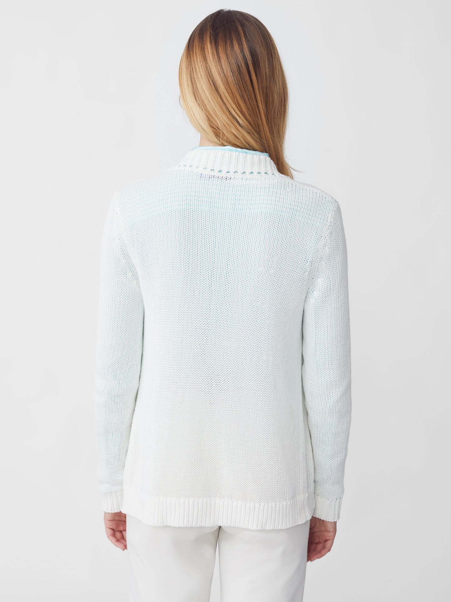 J.McLaughlin model wears Dawn Cardigan in White made with Linen and Cotton