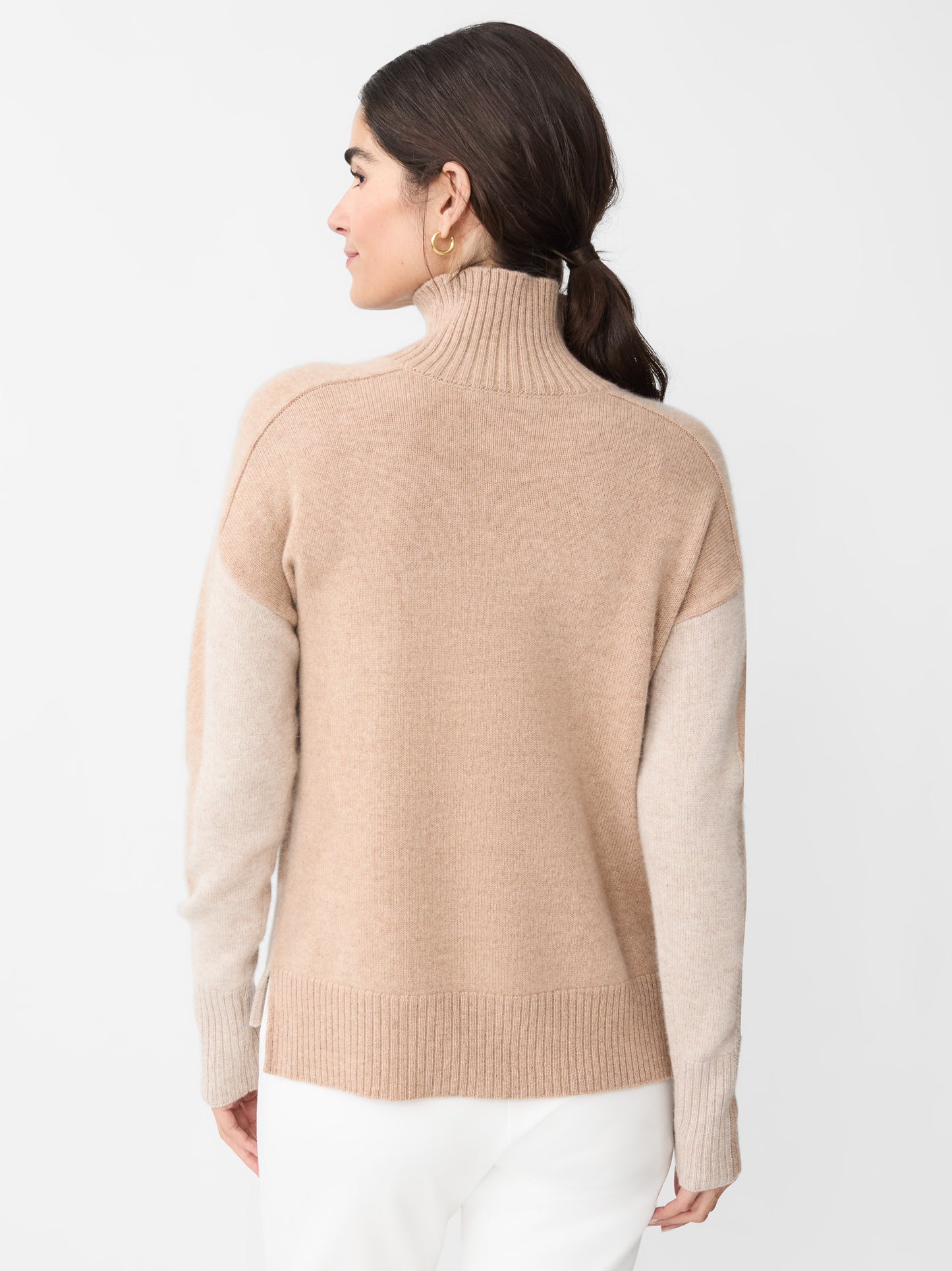 J.McLaughlin Dina turtleneck in heather oatmeal/camel made with cashmere.