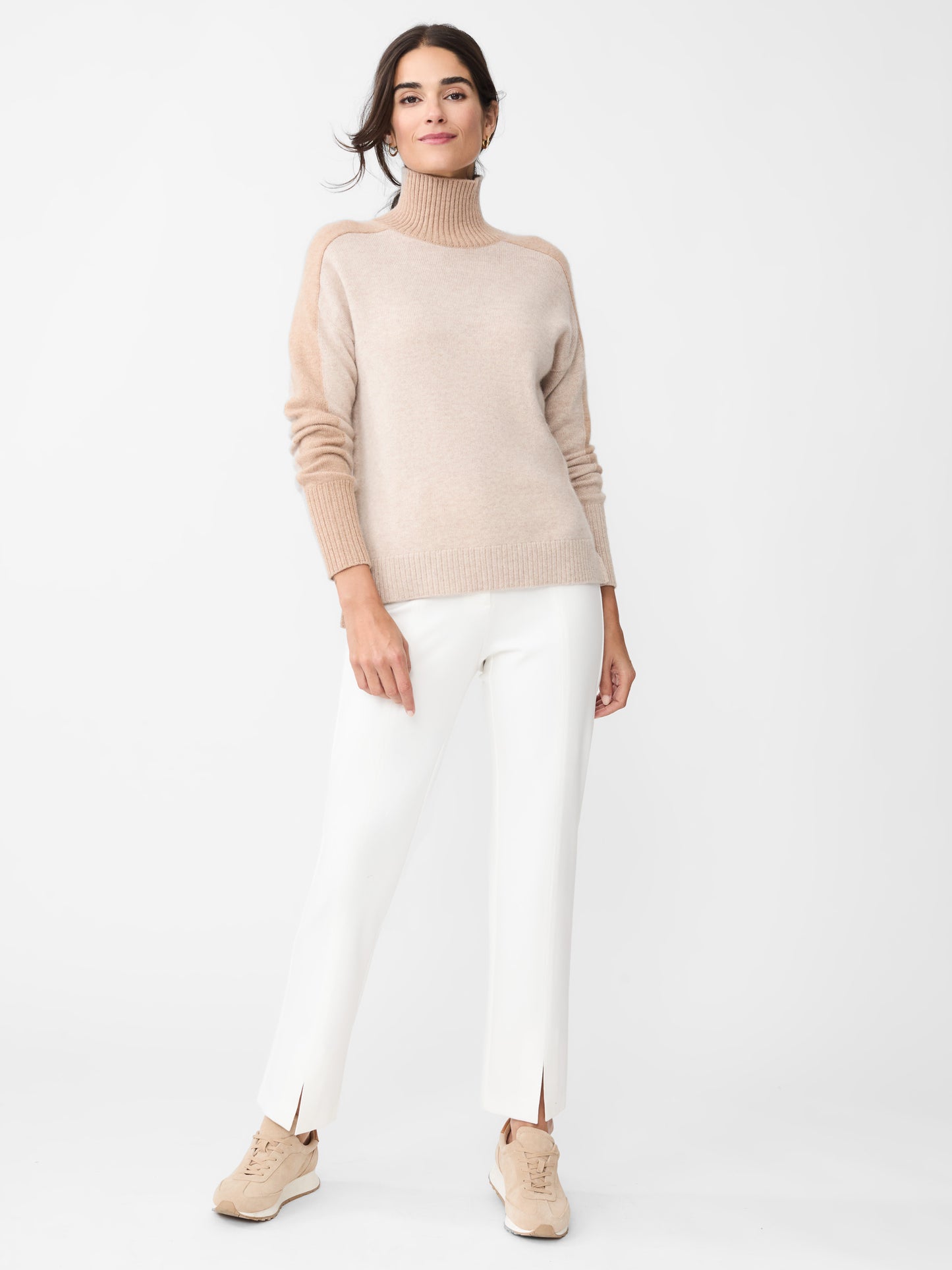 J.McLaughlin Dina turtleneck in heather oatmeal/camel made with cashmere.