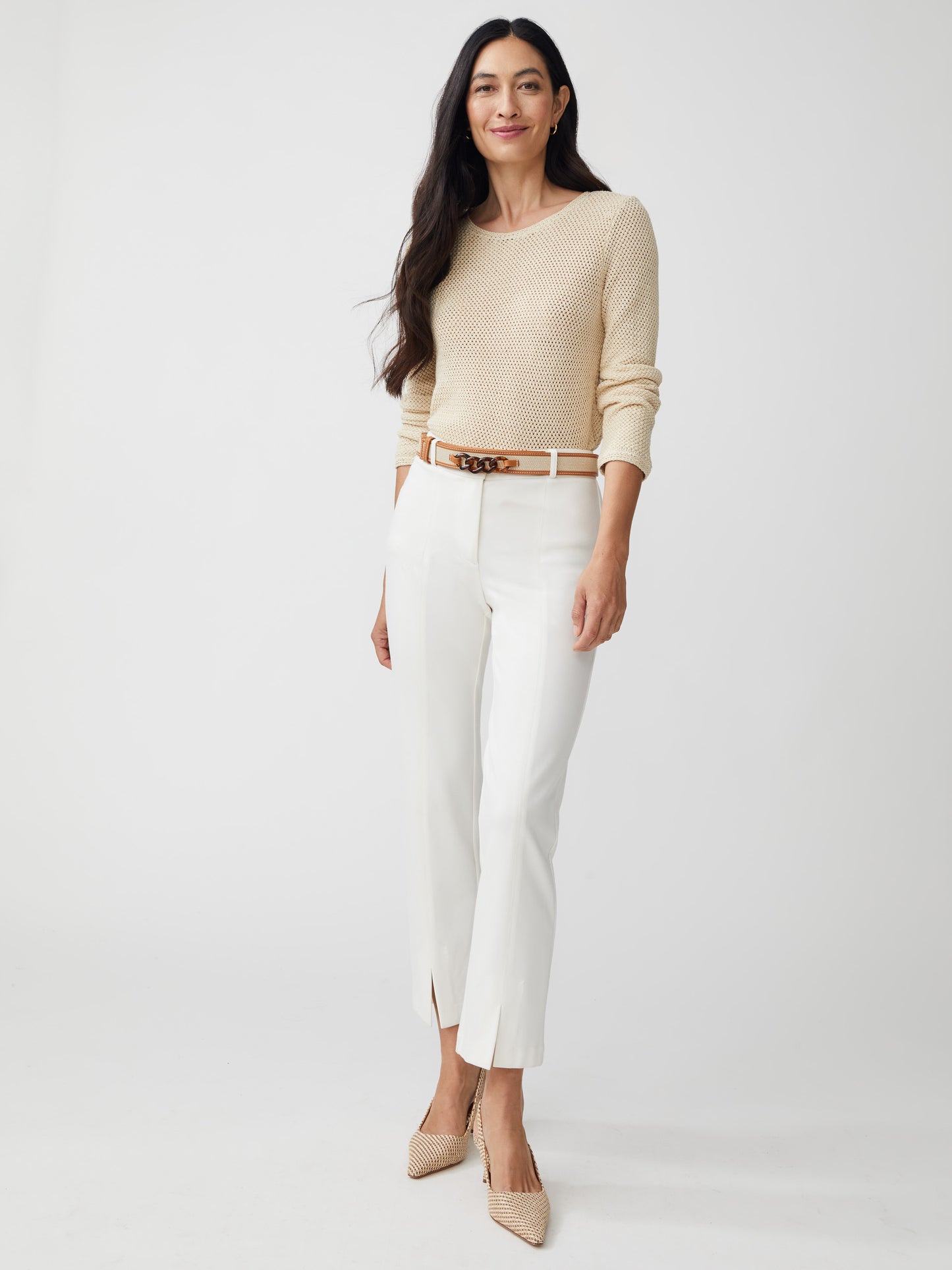J.McLaughlin model wears Donna Linen Sweater in oatmeal made with linen/cotton.