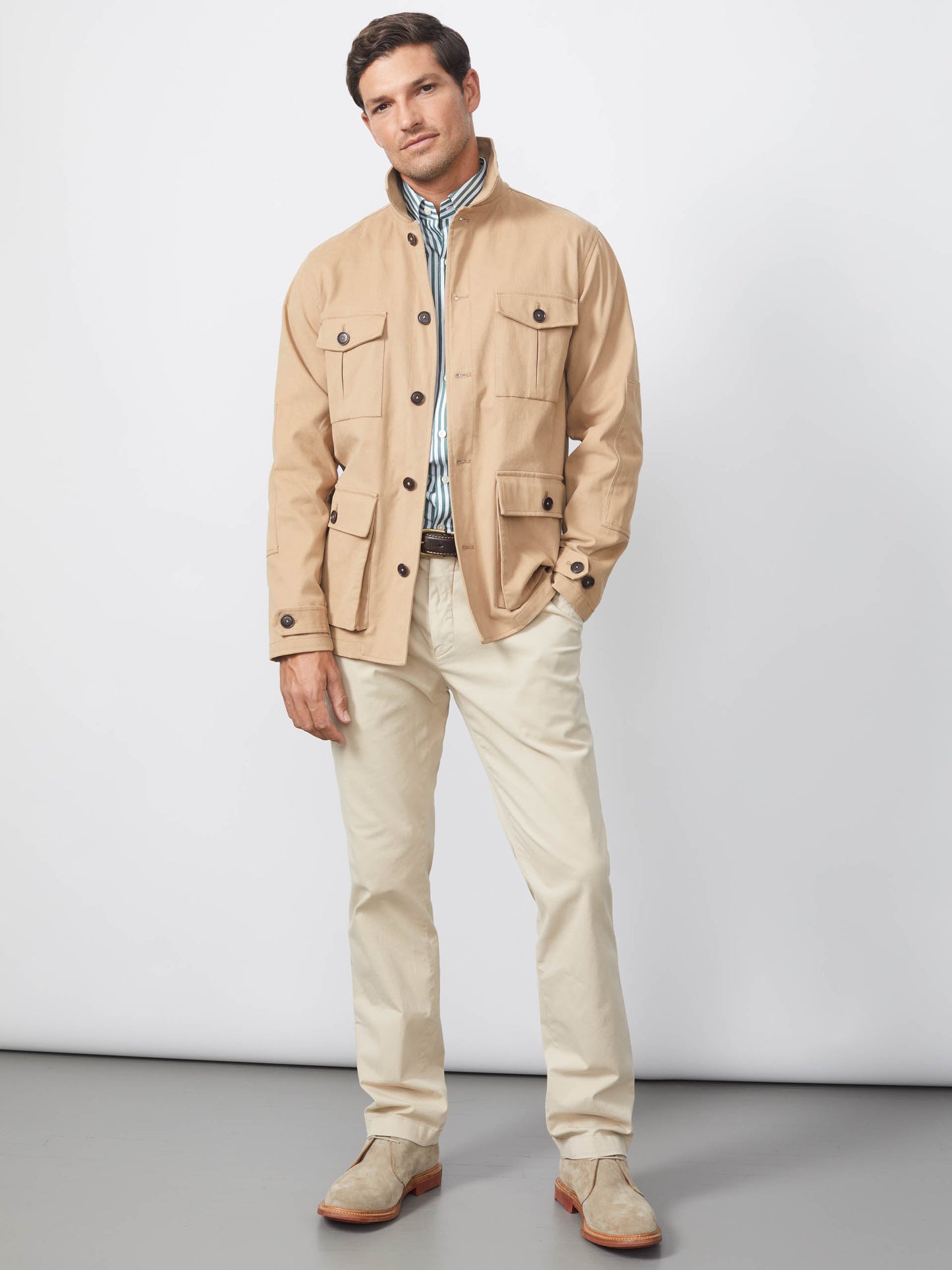 Model wearing J.McLaughlin Duster shirt jacket in khaki made with cotton and elastane.