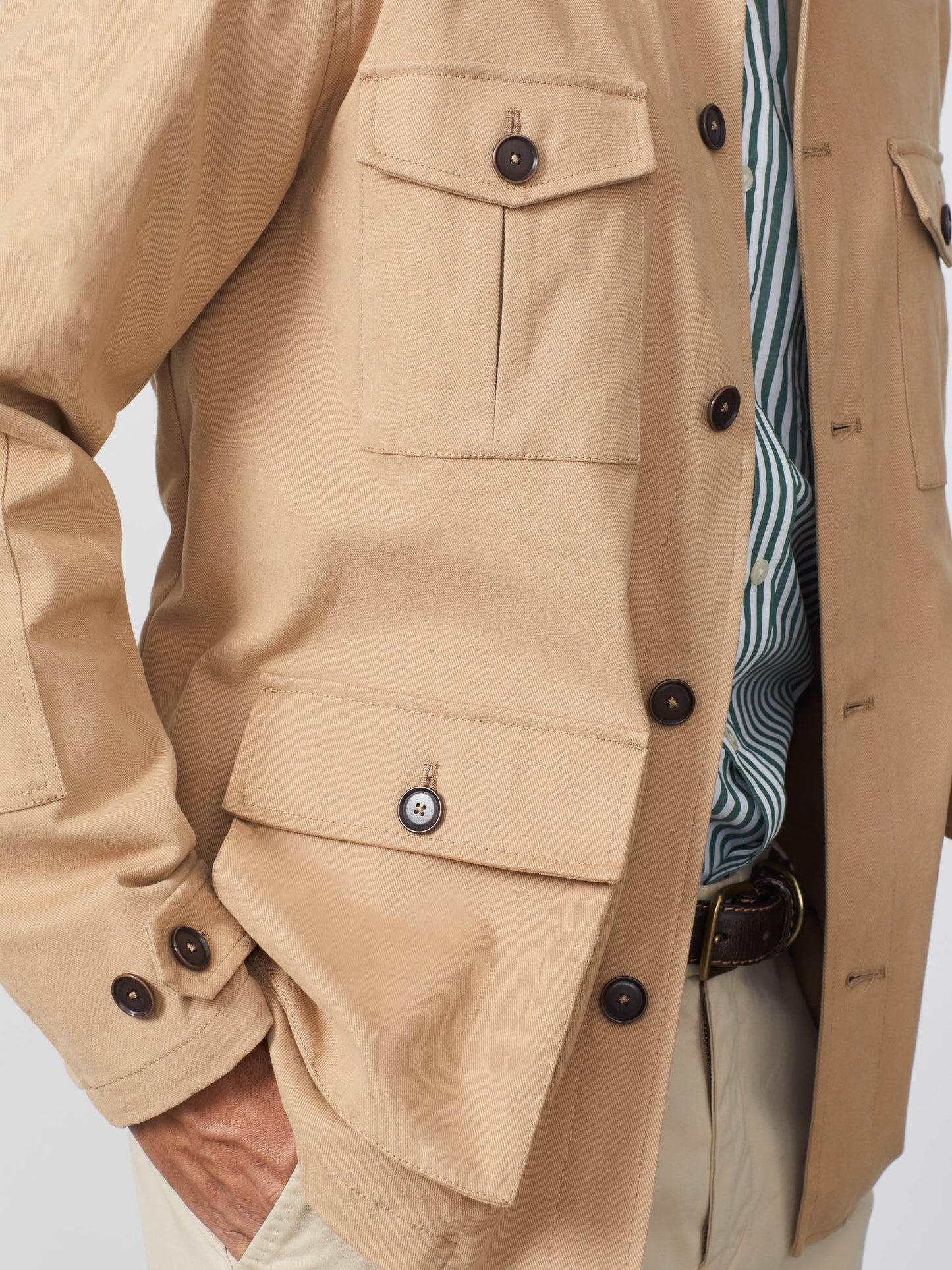 Model wearing J.McLaughlin Duster shirt jacket in khaki made with cotton and elastane.