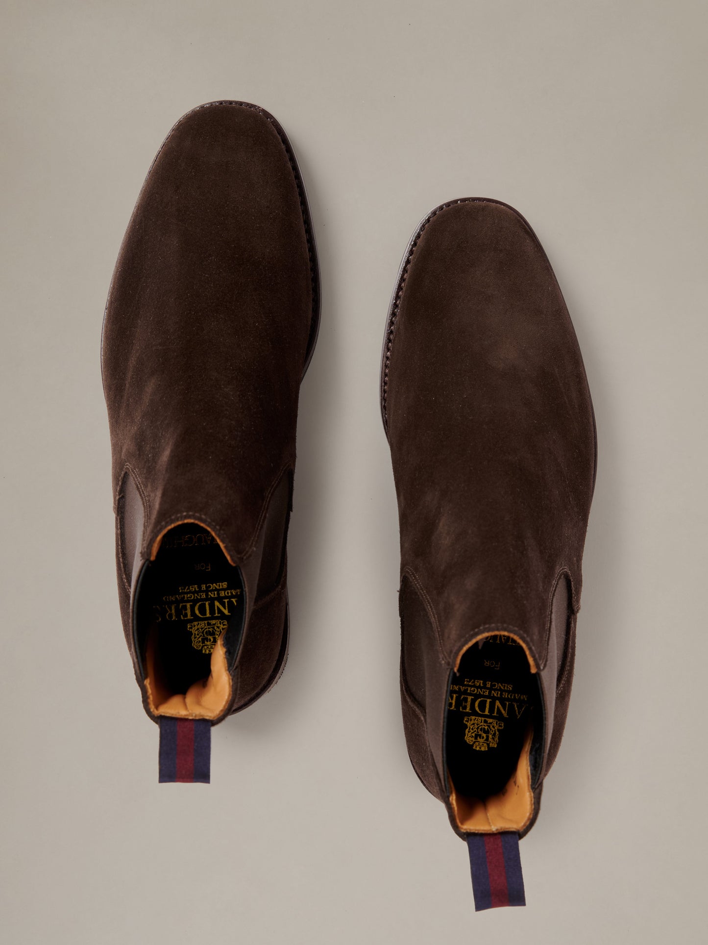Dylan Suede Chelsea Boots by J.McLaughlin in dark brown suede shown from above