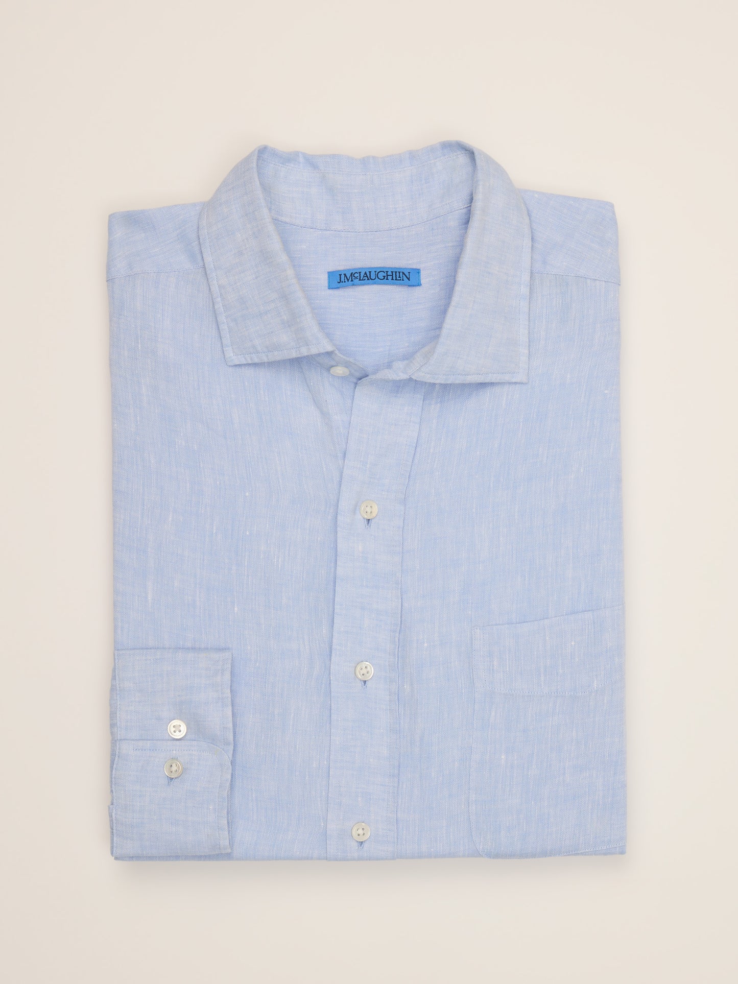 J.McLaughlin Gramercy Classic Fit Linen Shirt in Light Denim Blue made with Linen.