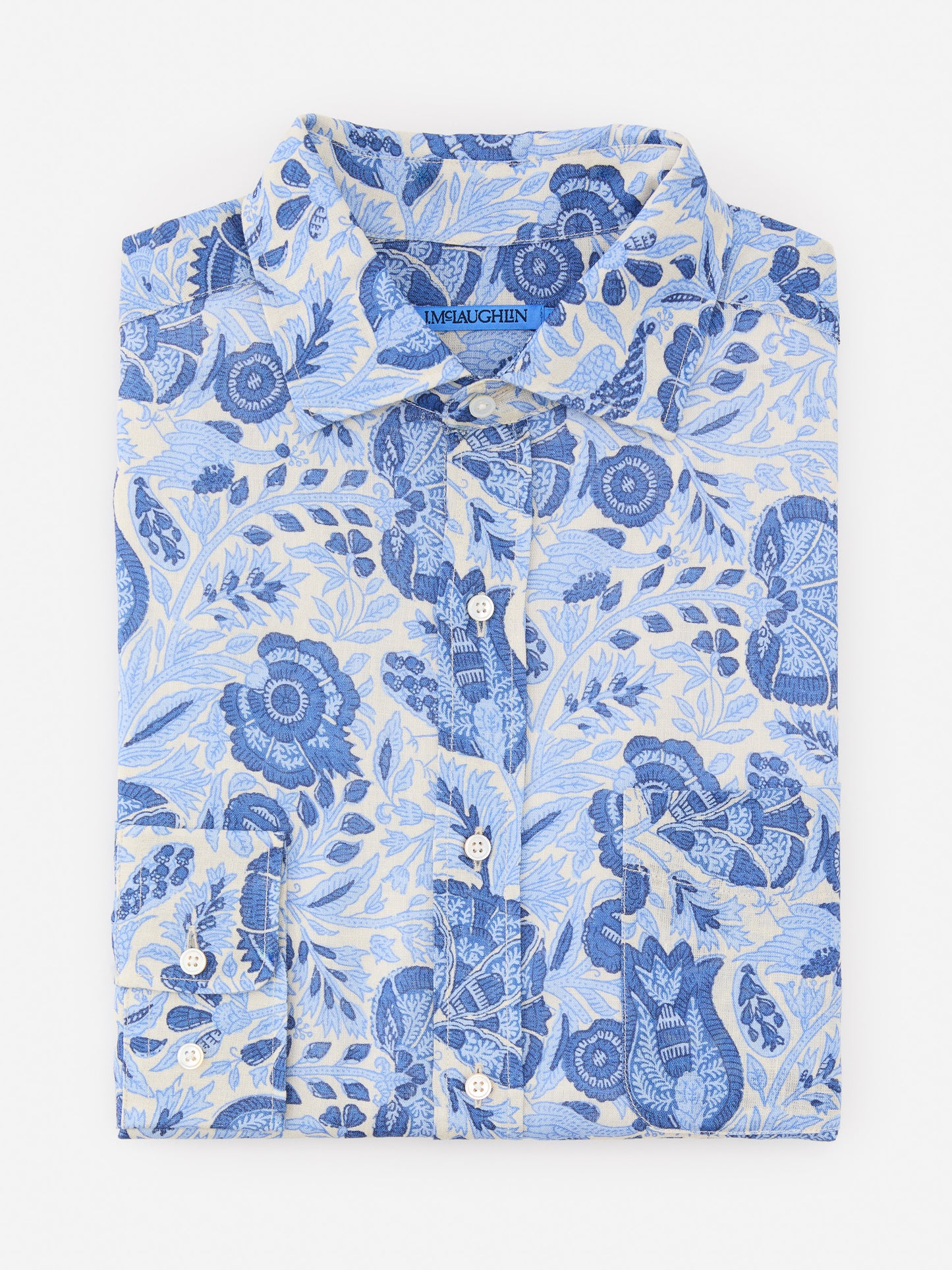 J.McLaughlin Gramercy shirt in sand/navy/denim made with linen.