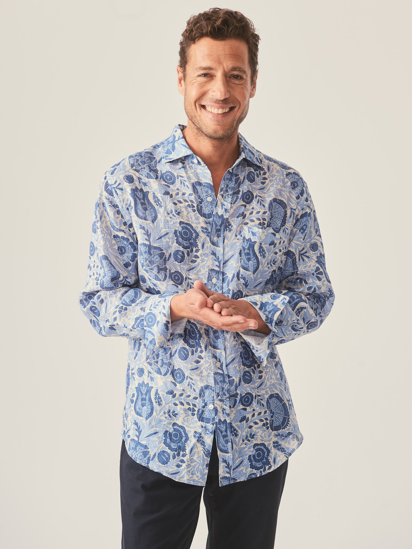 J.McLaughlin Gramercy shirt in sand/navy/denim made with linen.