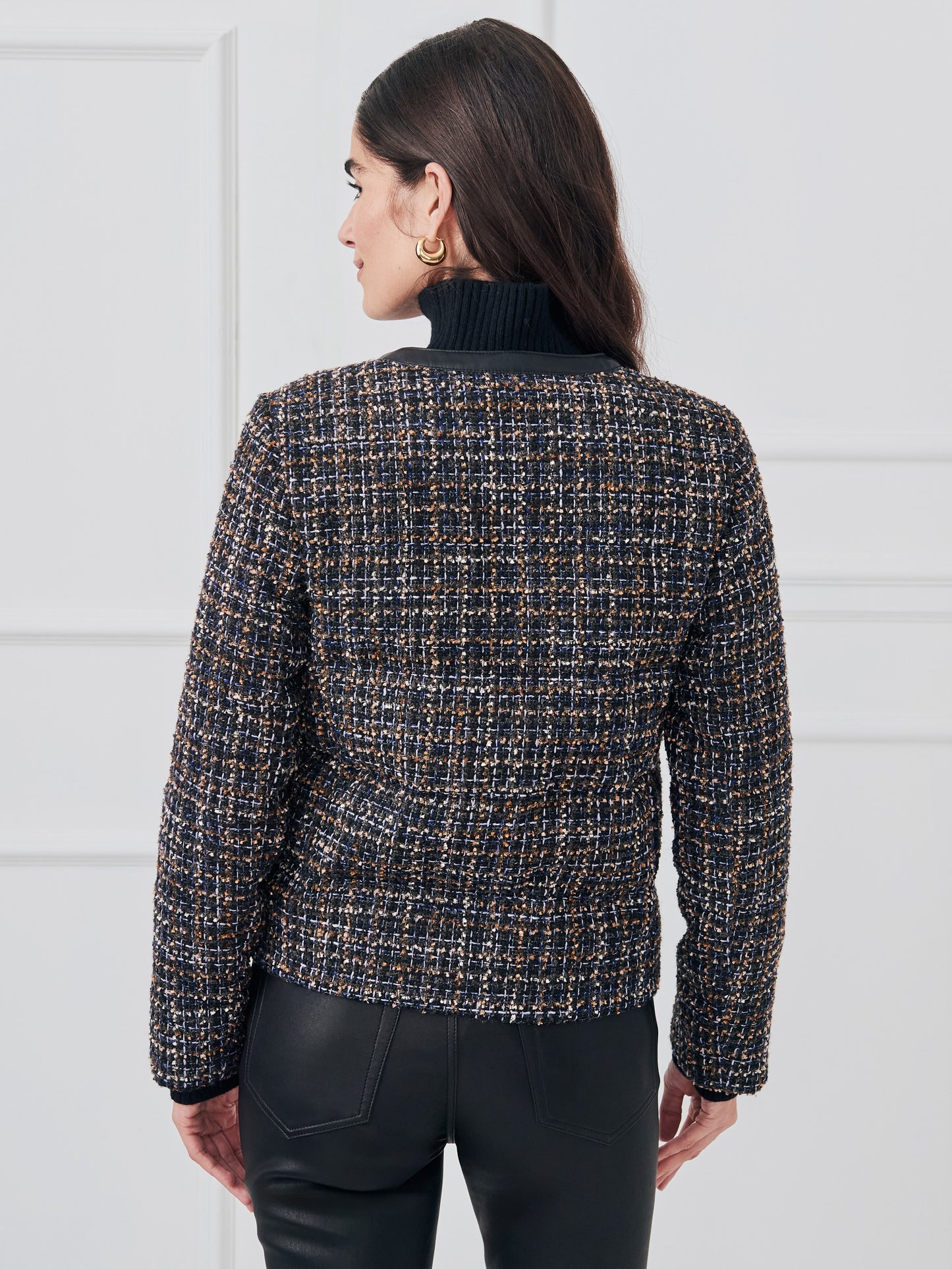 J.McLaughlin Hughes jacket in black/tan made with tweed/leather.