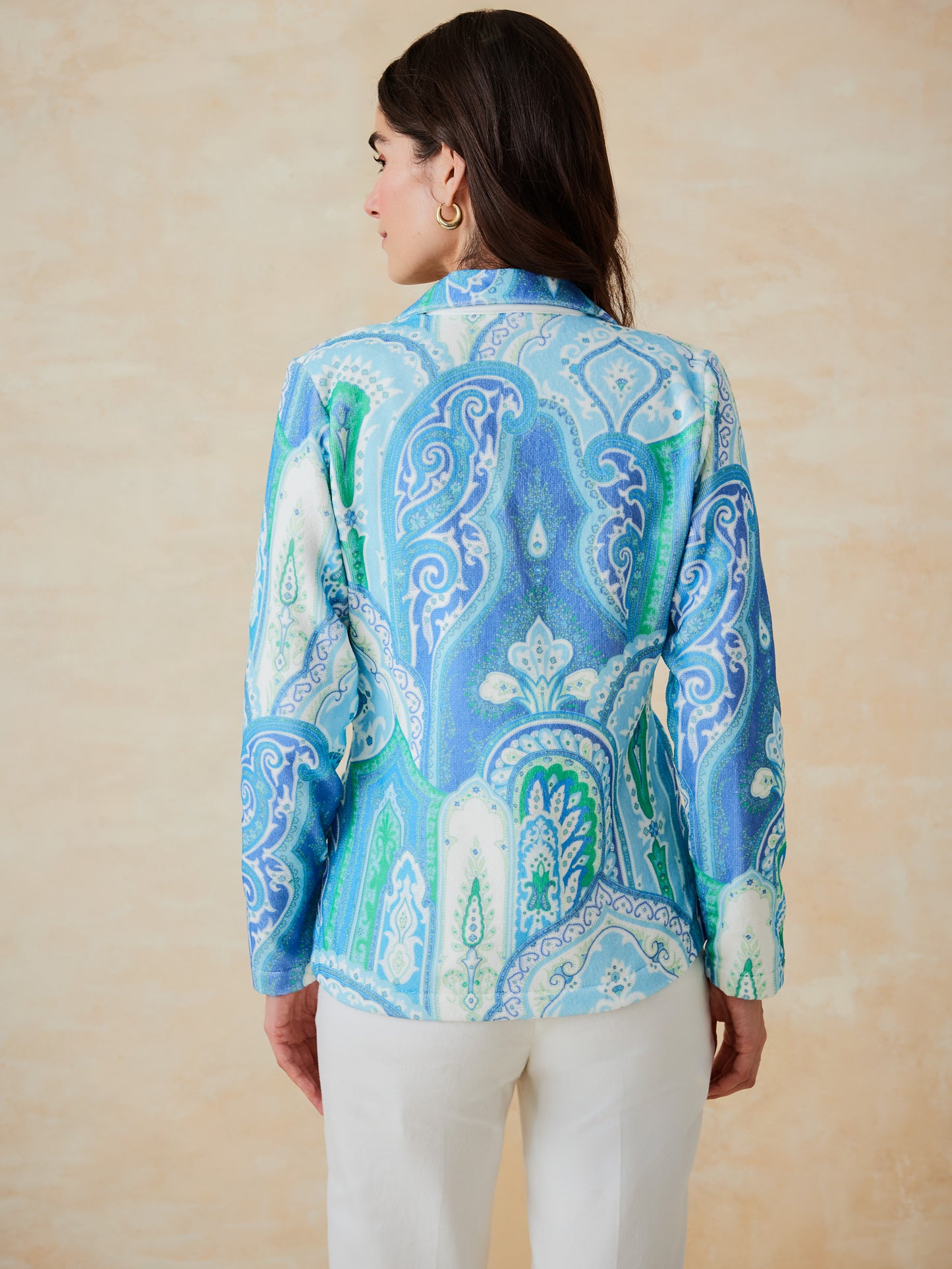 J.McLaughlin Jada blazer in green/lapis blue made with cotton.