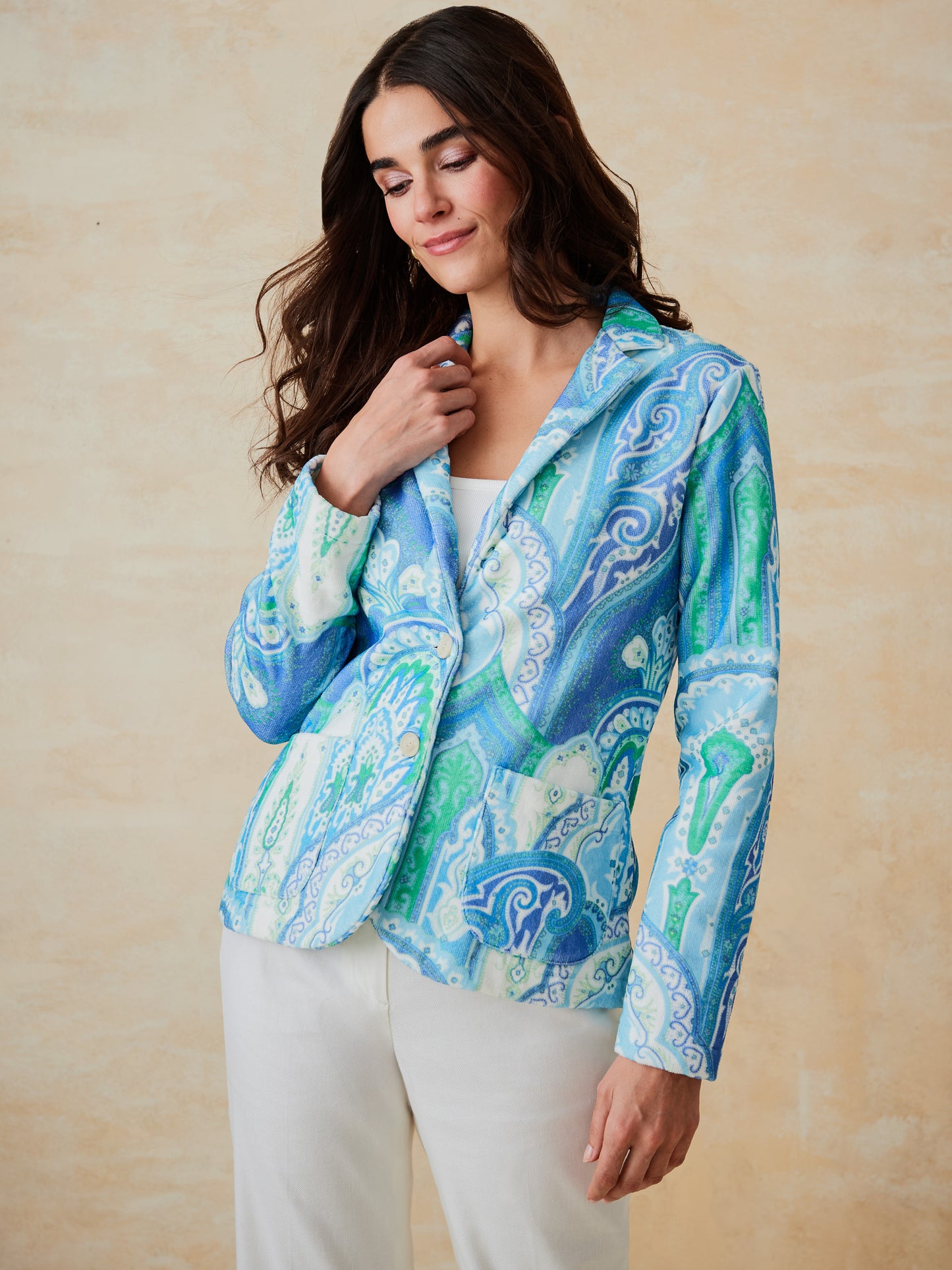 J.McLaughlin Jada blazer in green/lapis blue made with cotton.