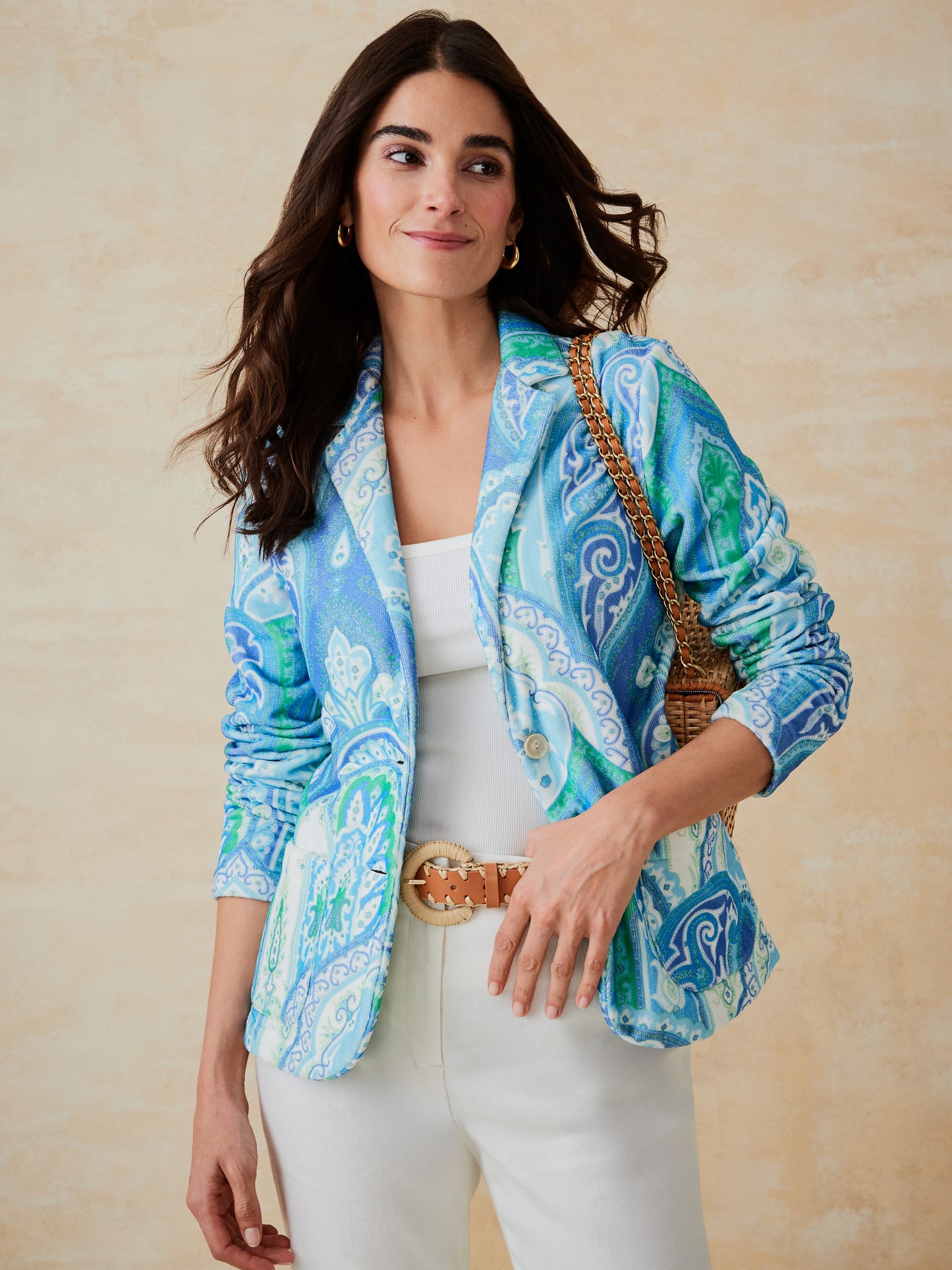 J.McLaughlin Jada blazer in green/lapis blue made with cotton.