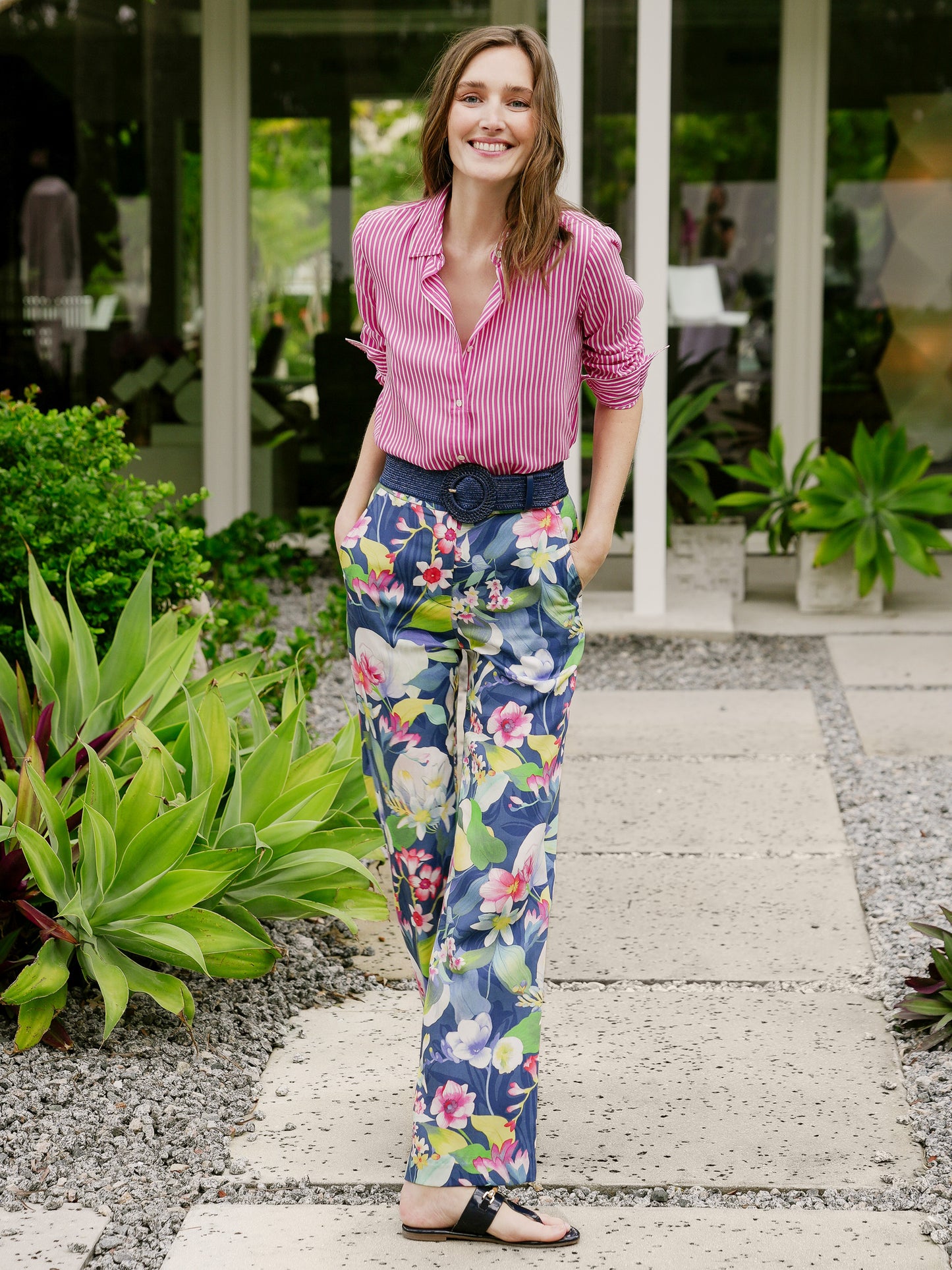 Model wearing J.McLaughlin Broderick pants in navy/multi made with tencel.