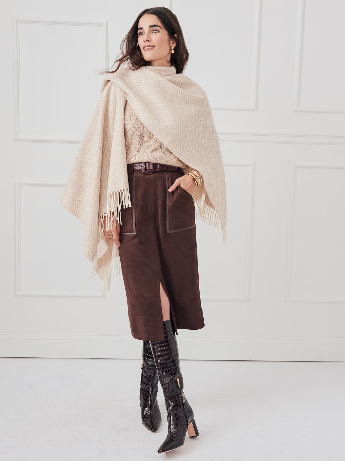 J.McLaughlin Katerina sweater in off white/camel made with alpaca/wool.