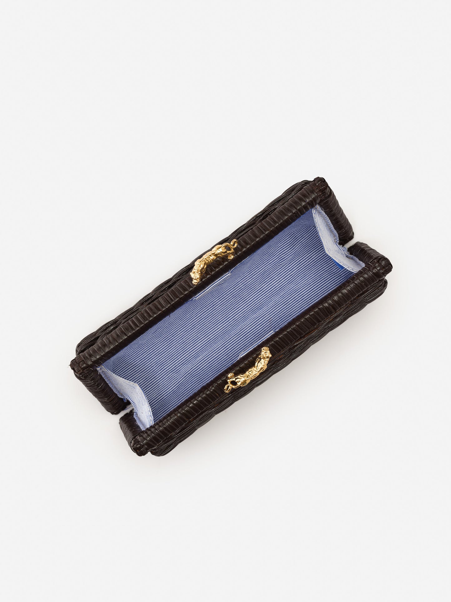 J.McLaughlin Keaton clutch in dark brown made with wicker.