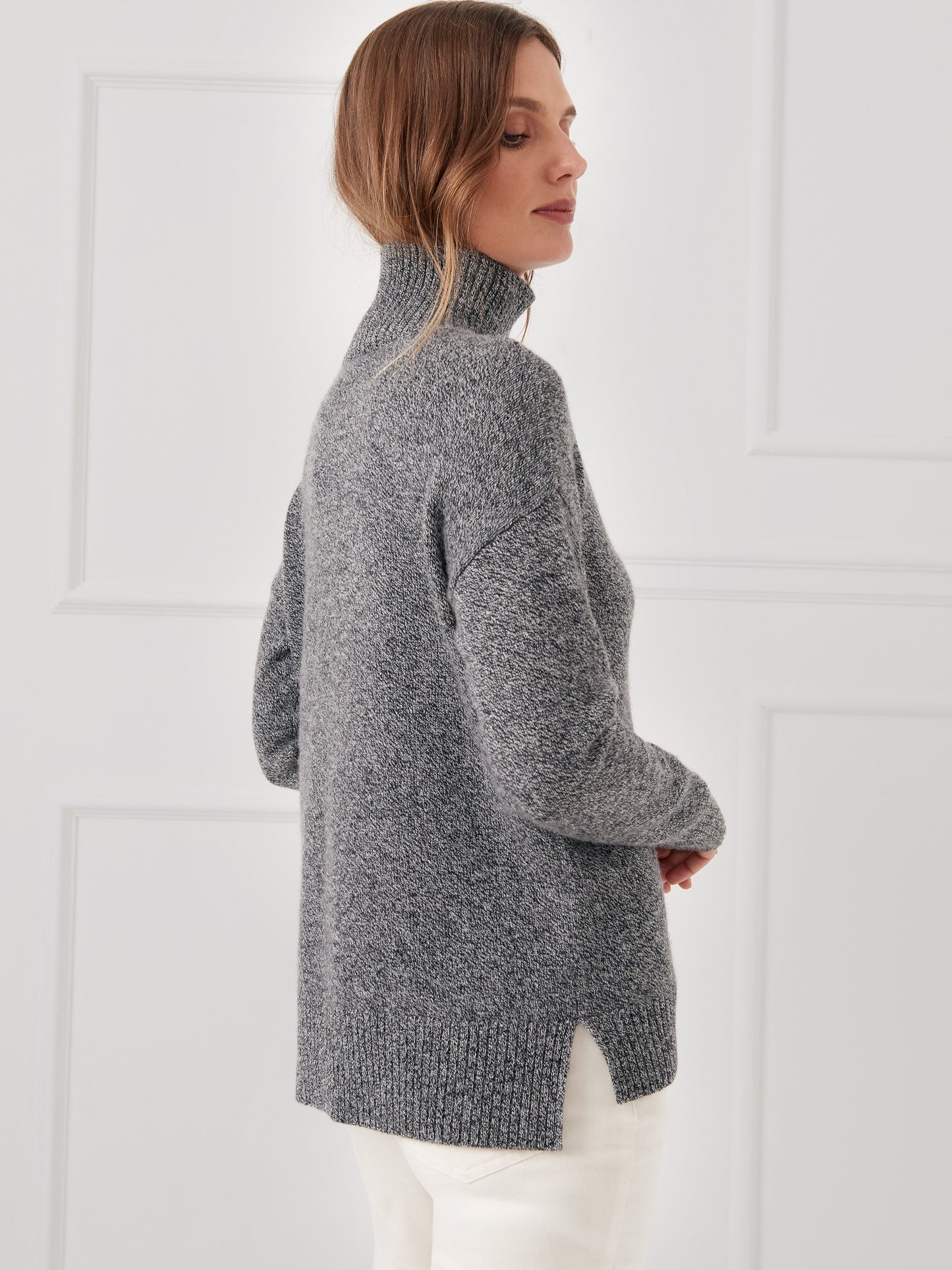 J.McLaughlin Dina turtleneck in black/heather gray made with cashmere.