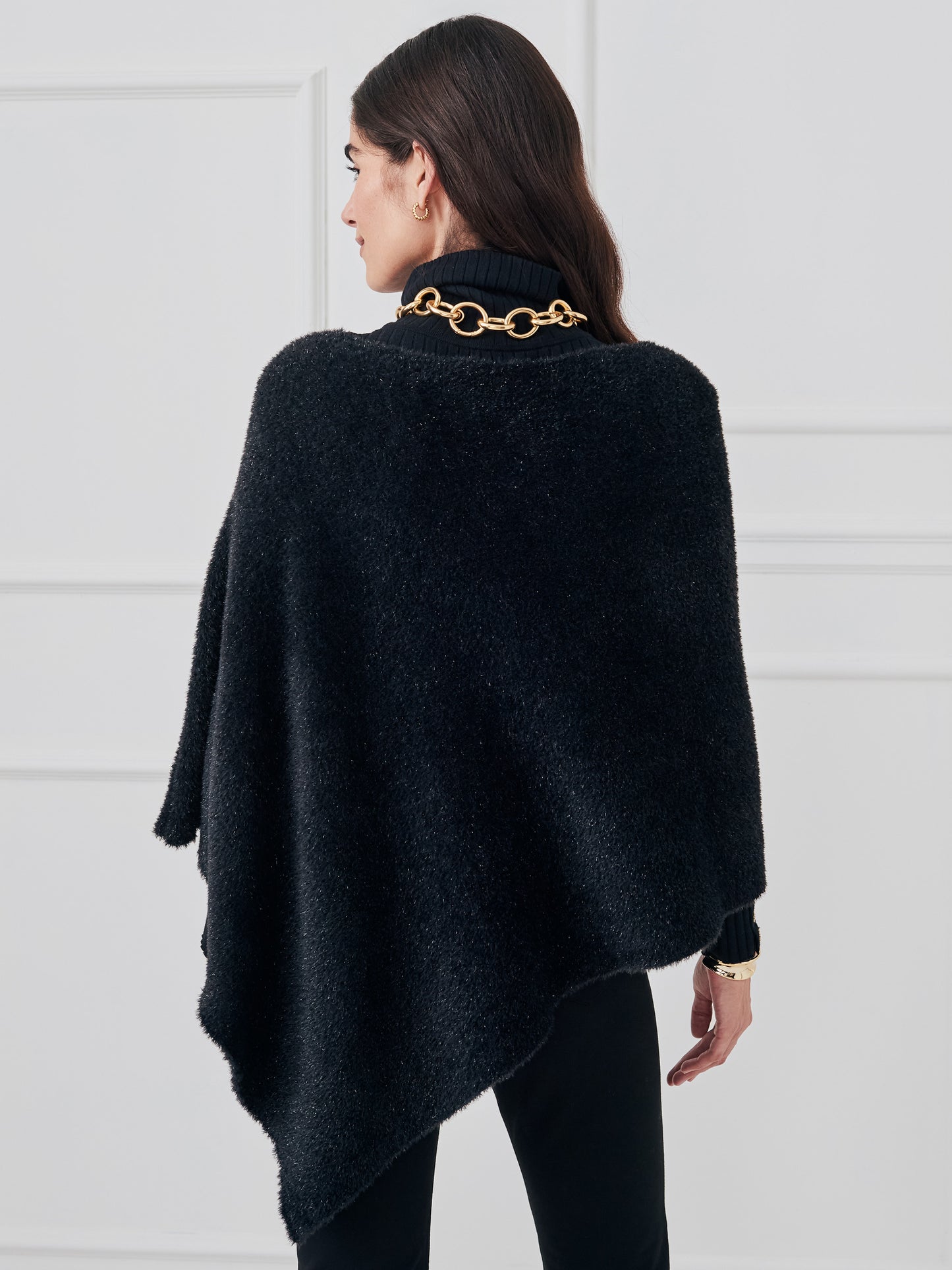 J.McLaughlin Livia poncho in black made with eyelash yarn.