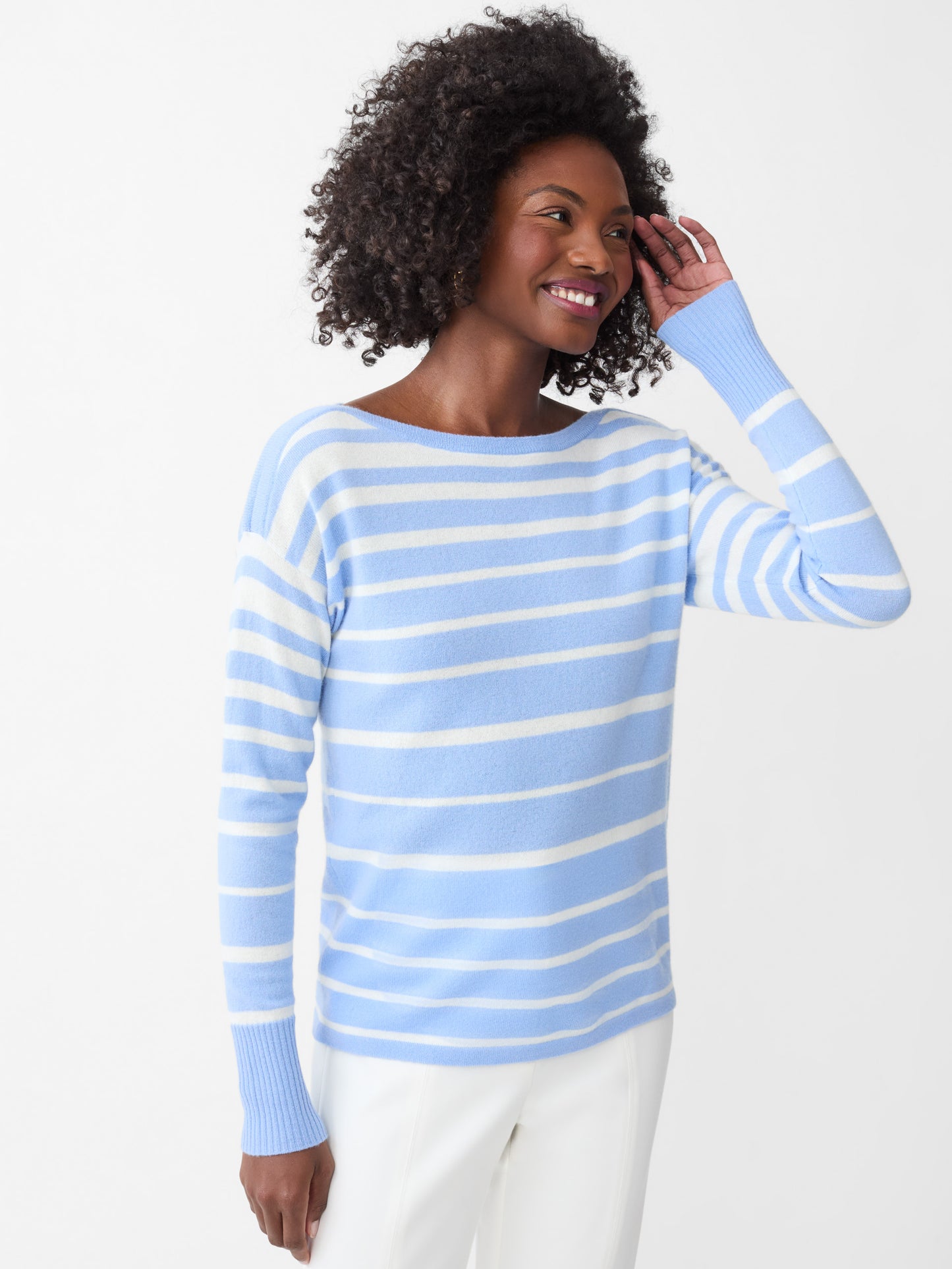 J.McLaughlin Marin sweater in pale blue/ivory made with cashmere.