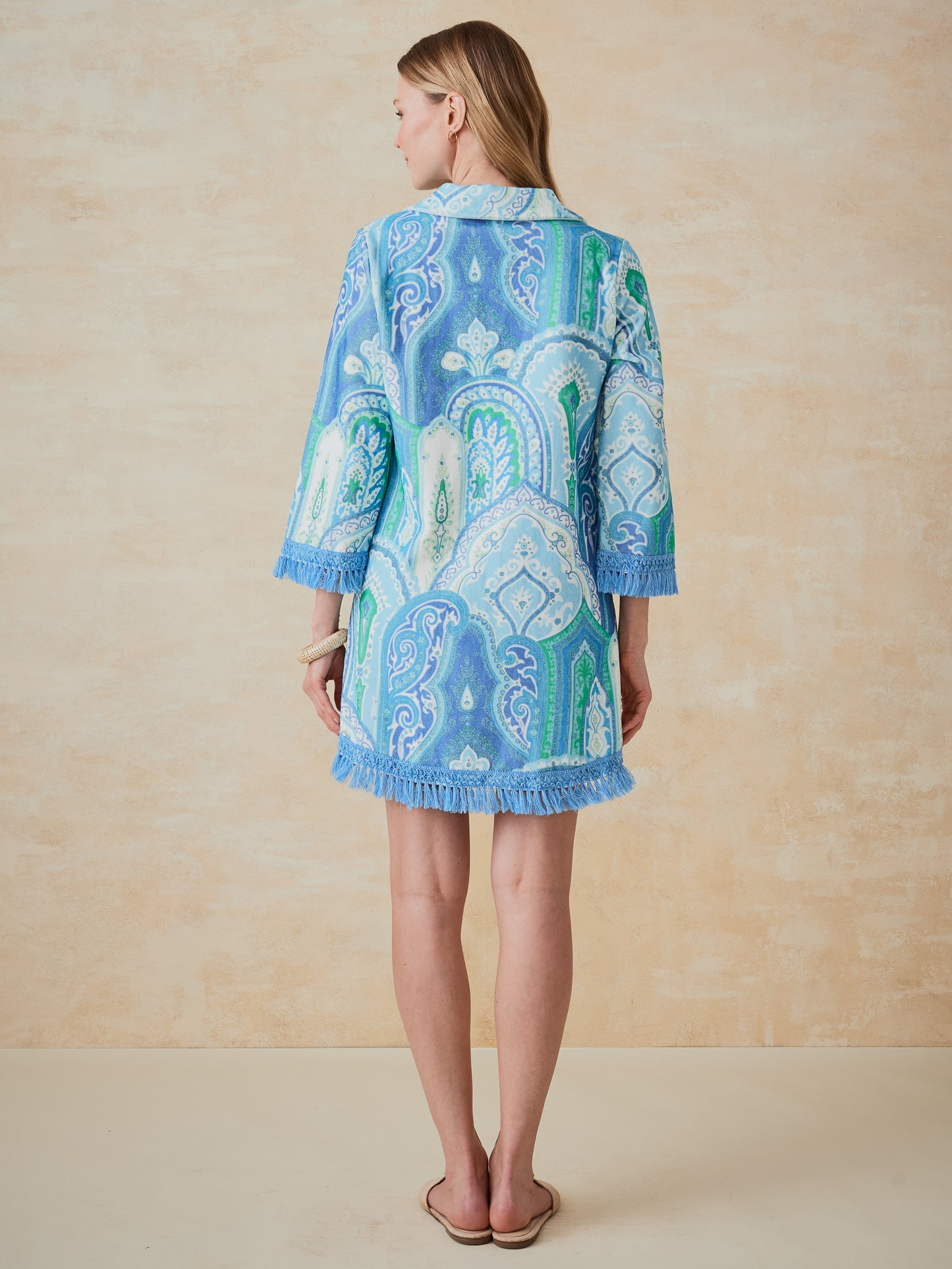 J.McLaughlin Maya dress in green/lapis blue made with cotton.
