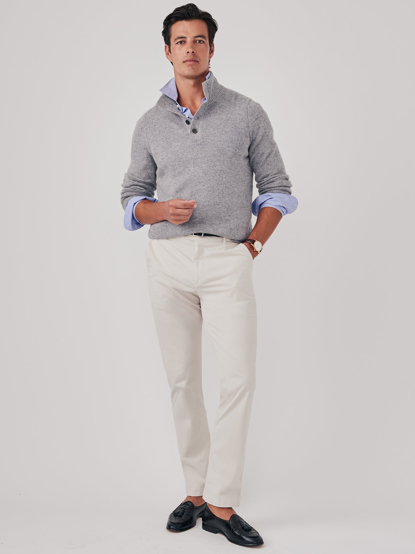 J.McLaughlin Mock Neck henley sweater in light heather grey made with cashmere.