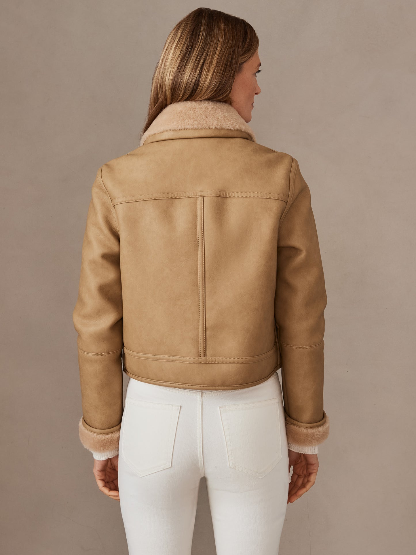 J.McLaughlin Melinda jacket in tan made with faux leather/faux fur.