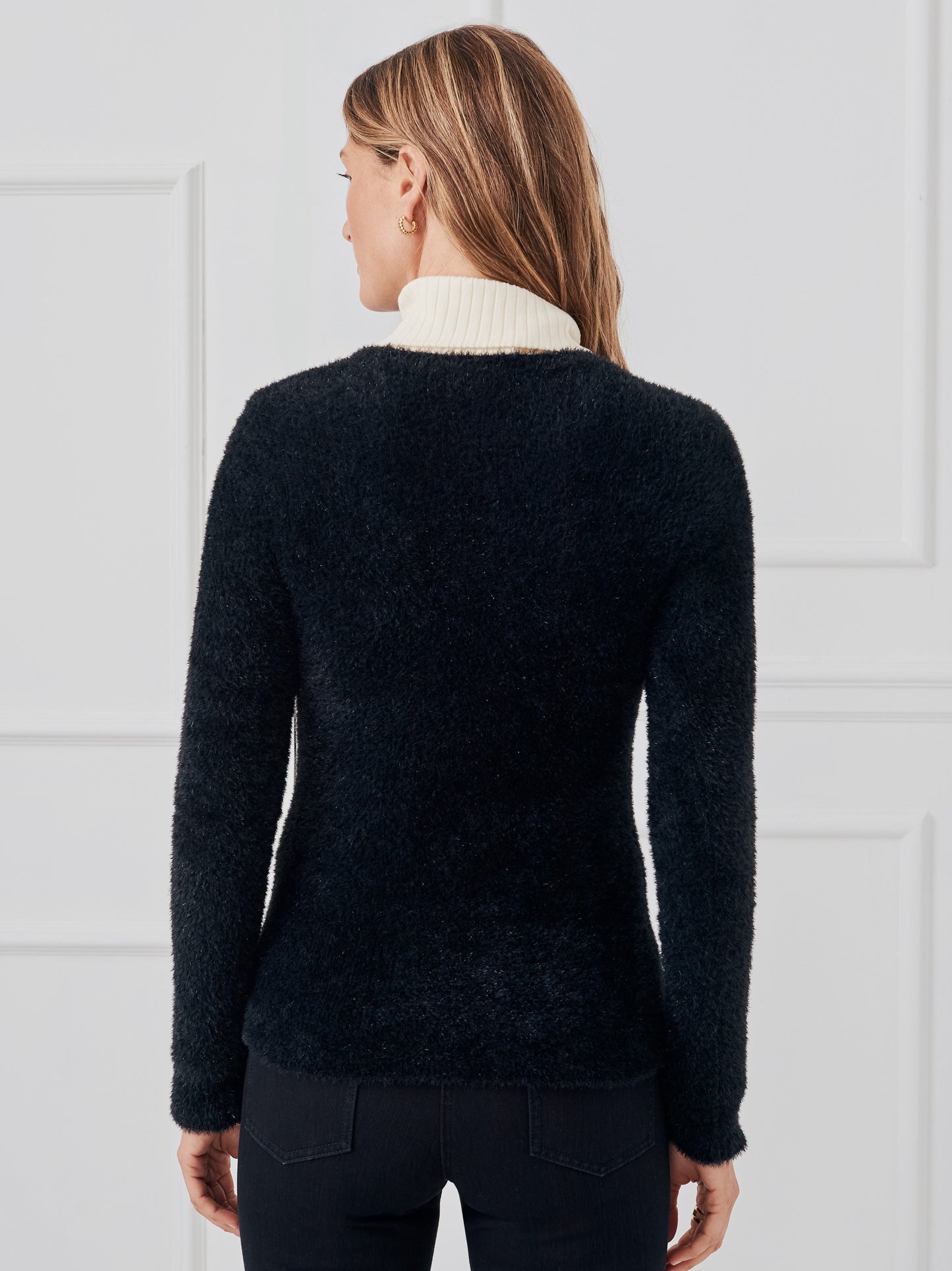 J.McLaughlin Milo sweater in black made with eyelash yarn.