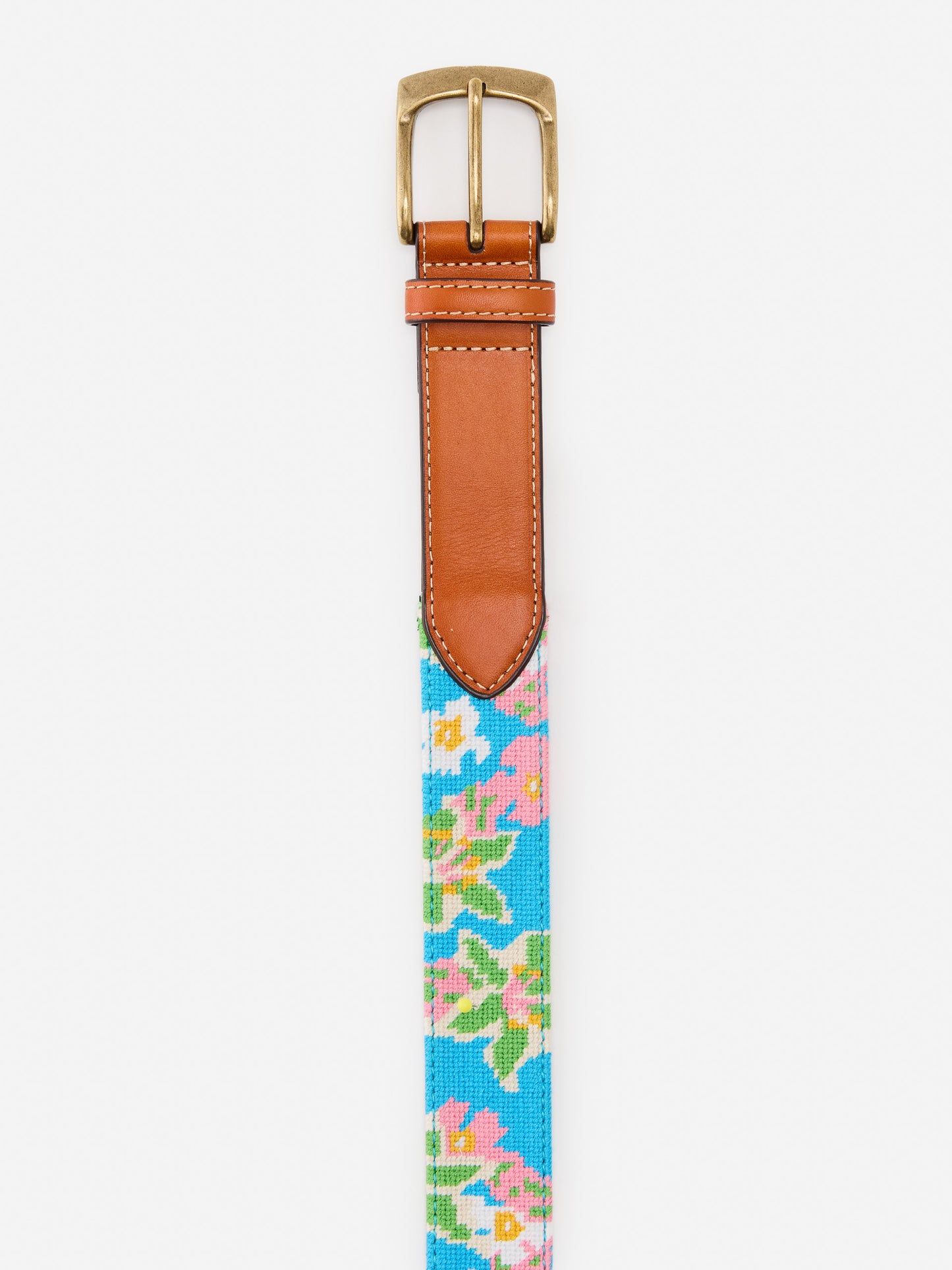 J.McLaughlin Needlepoint belt in blue/multi made with cotton and leather.