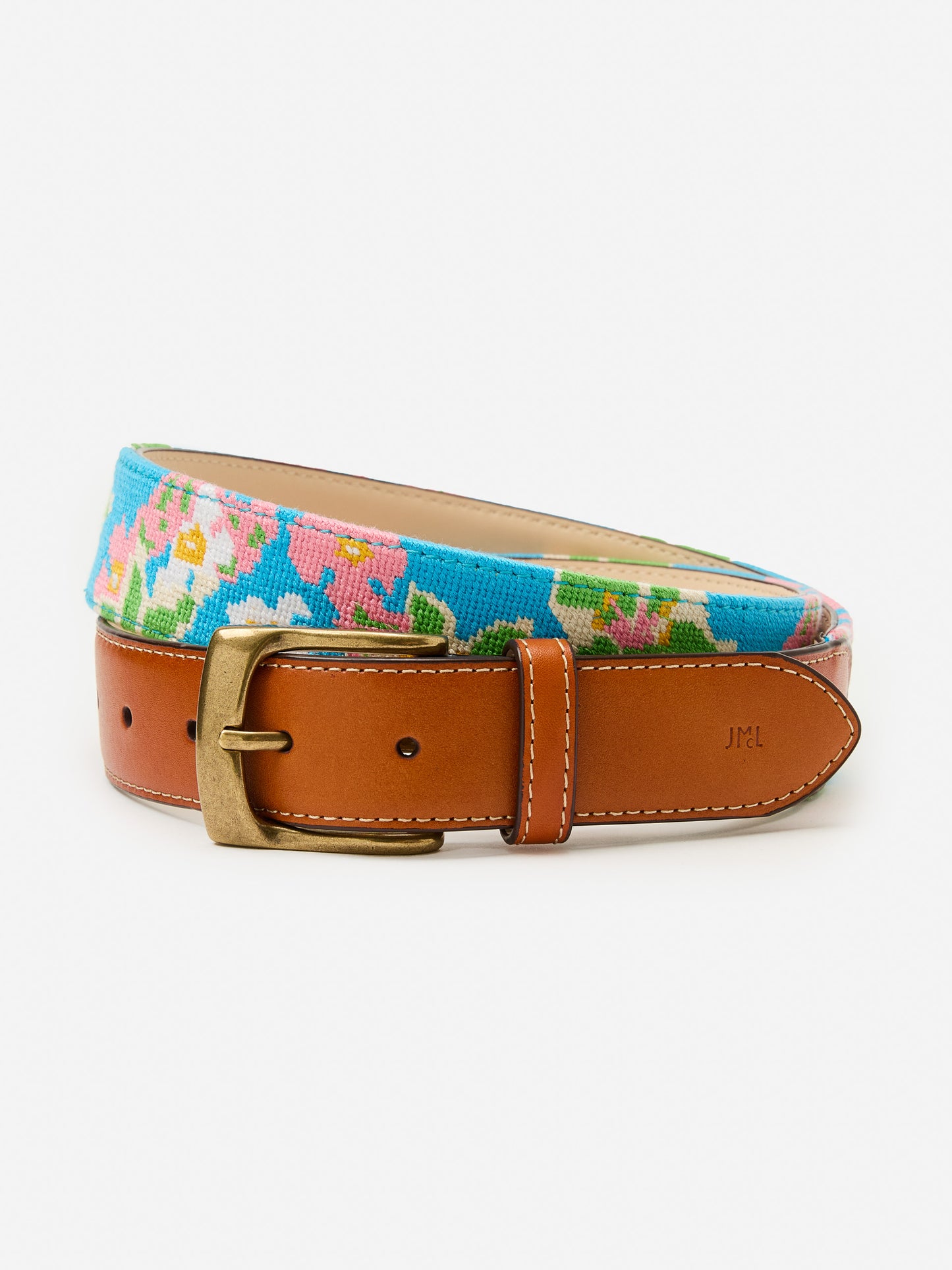 J.McLaughlin Needlepoint belt in blue/multi made with cotton and leather.