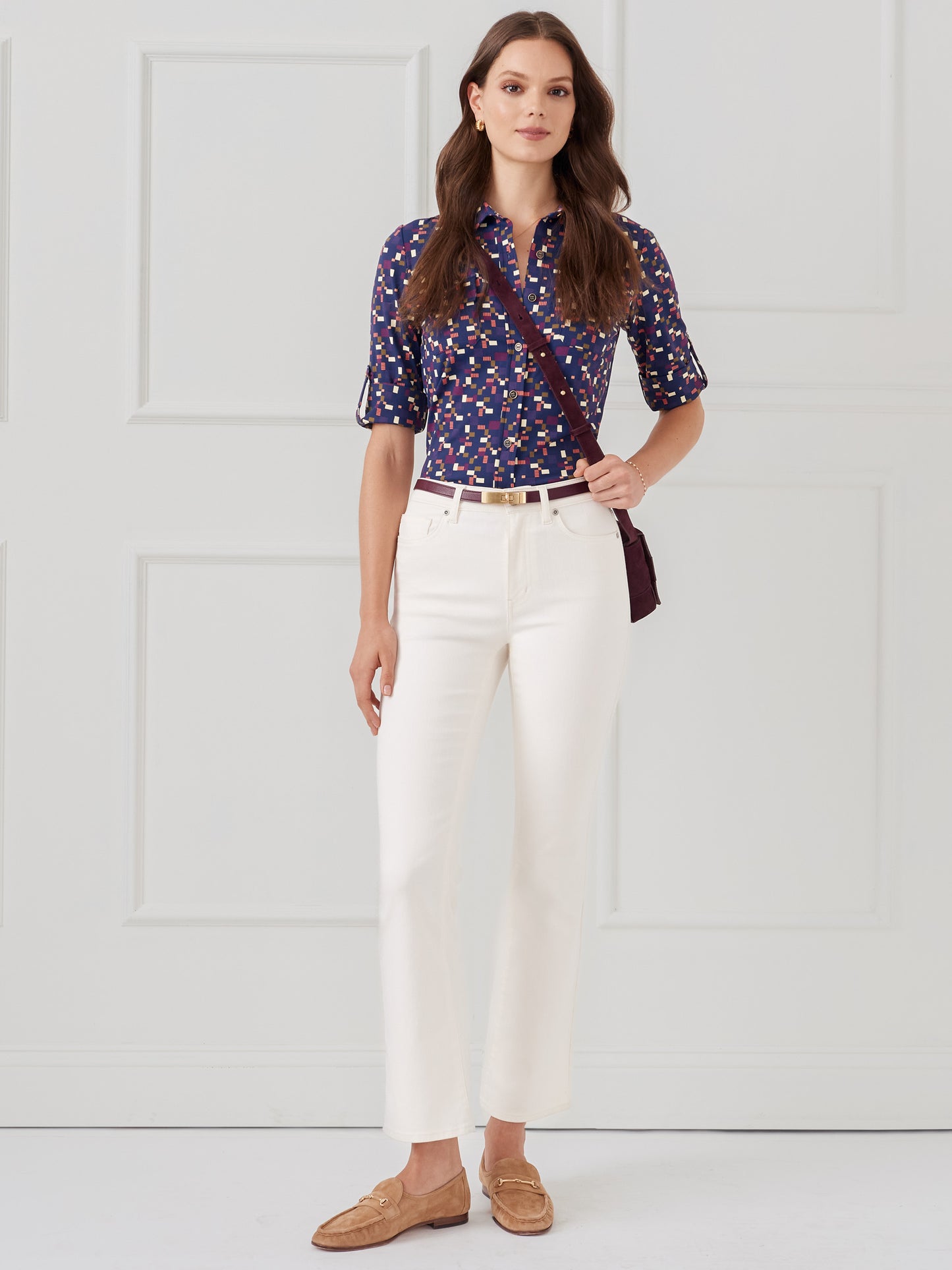 J.McLaughlin New Monroe shirt in navy/multi made with catalina cloth.