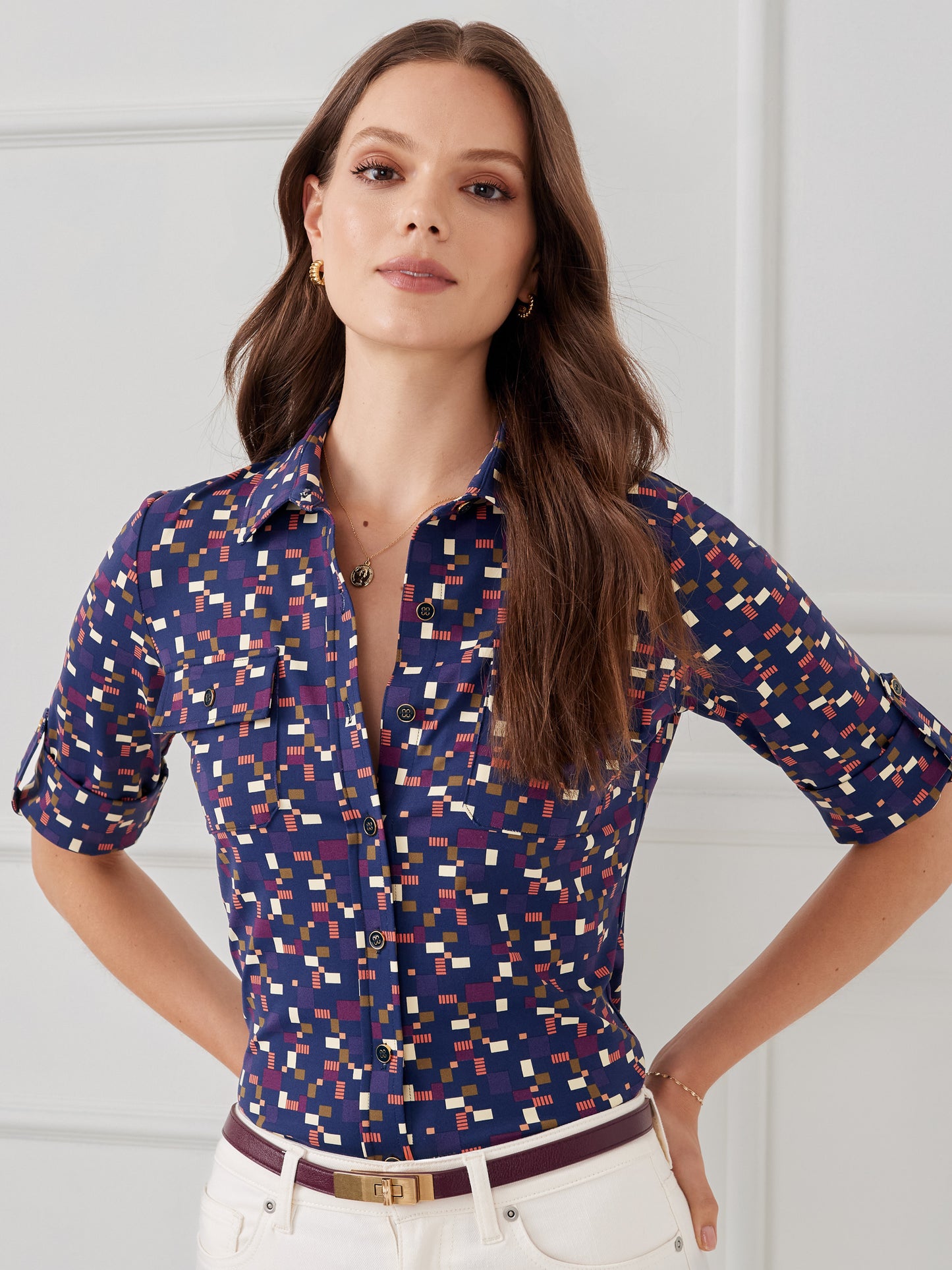 J.McLaughlin New Monroe shirt in navy/multi made with catalina cloth.