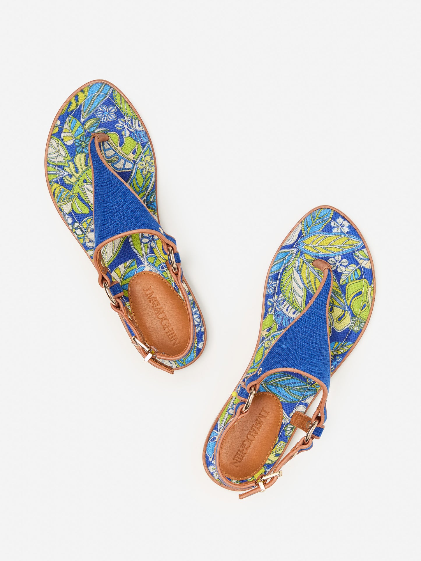 J.McLaughlin Nolita sandals in blue/brown made with canvas fabric..