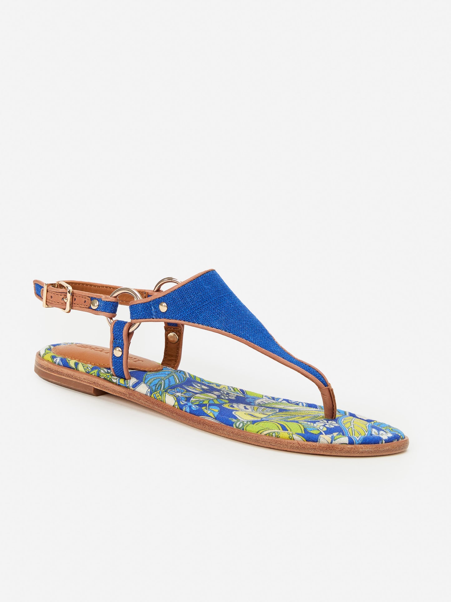 J.McLaughlin Nolita sandals in blue/brown made with canvas fabric..