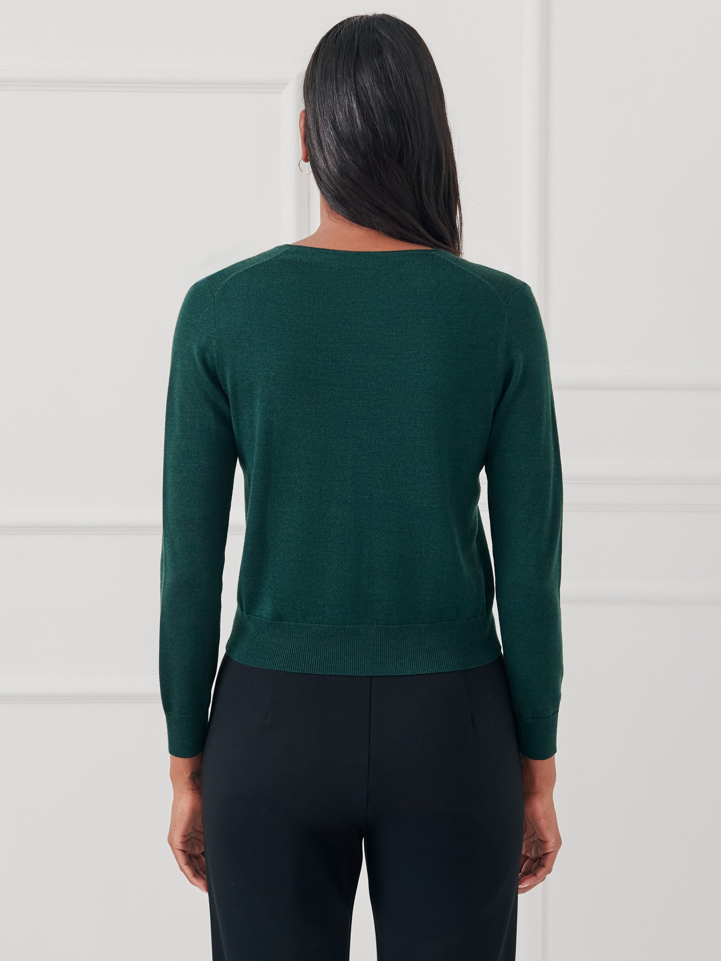 J.McLaughlin Olivette cardigan in dark green made with merino wool and silk.