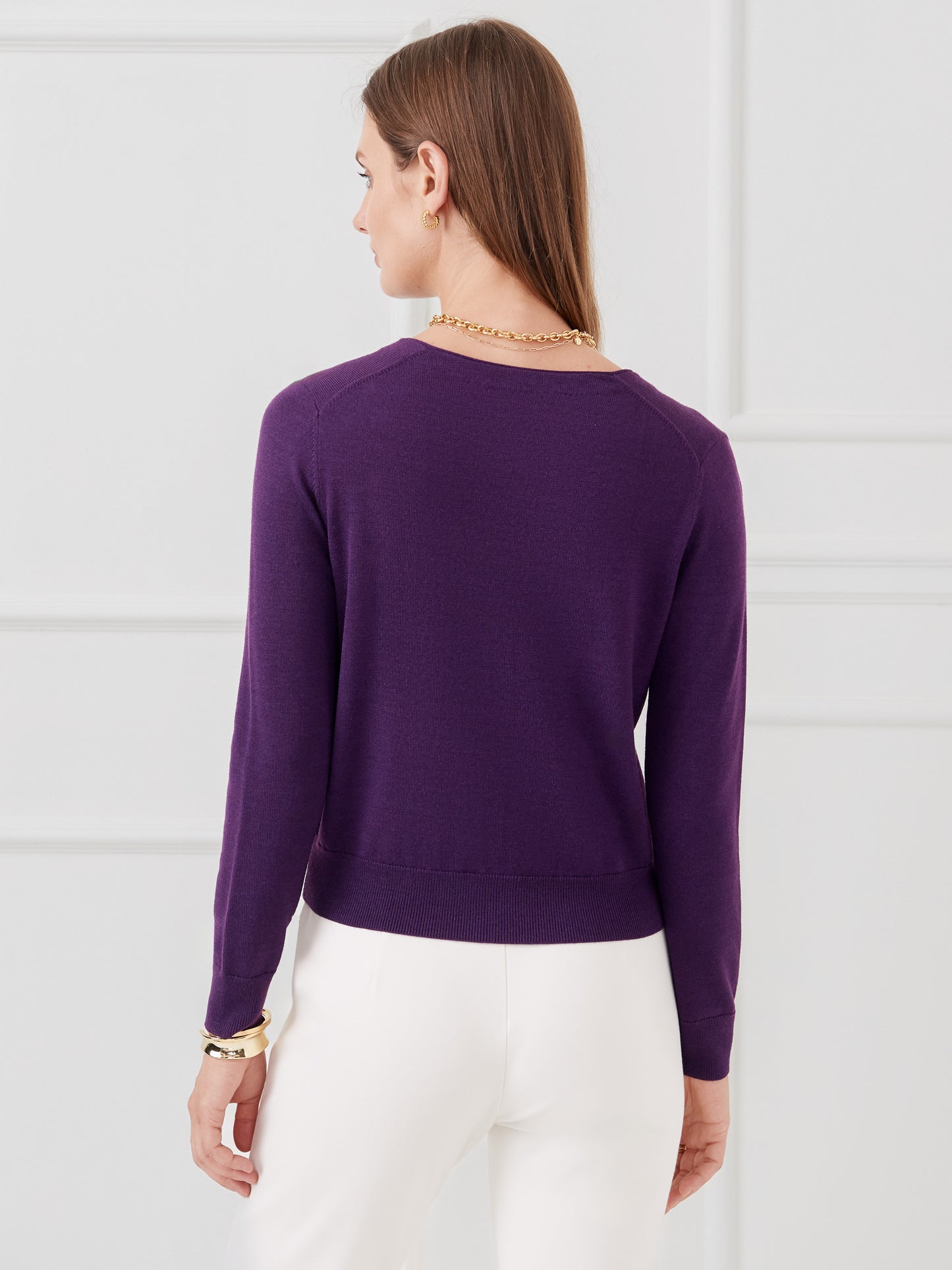 J.McLaughlin Olivette cardigan in purple made with merino wool and silk.