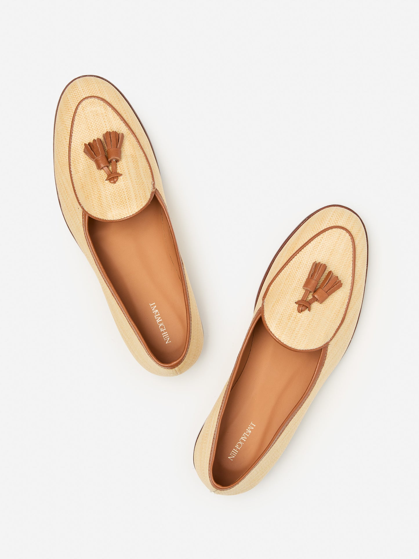J.McLaughlin Oskar loafers in natural/brown made with grasscloth and leather.