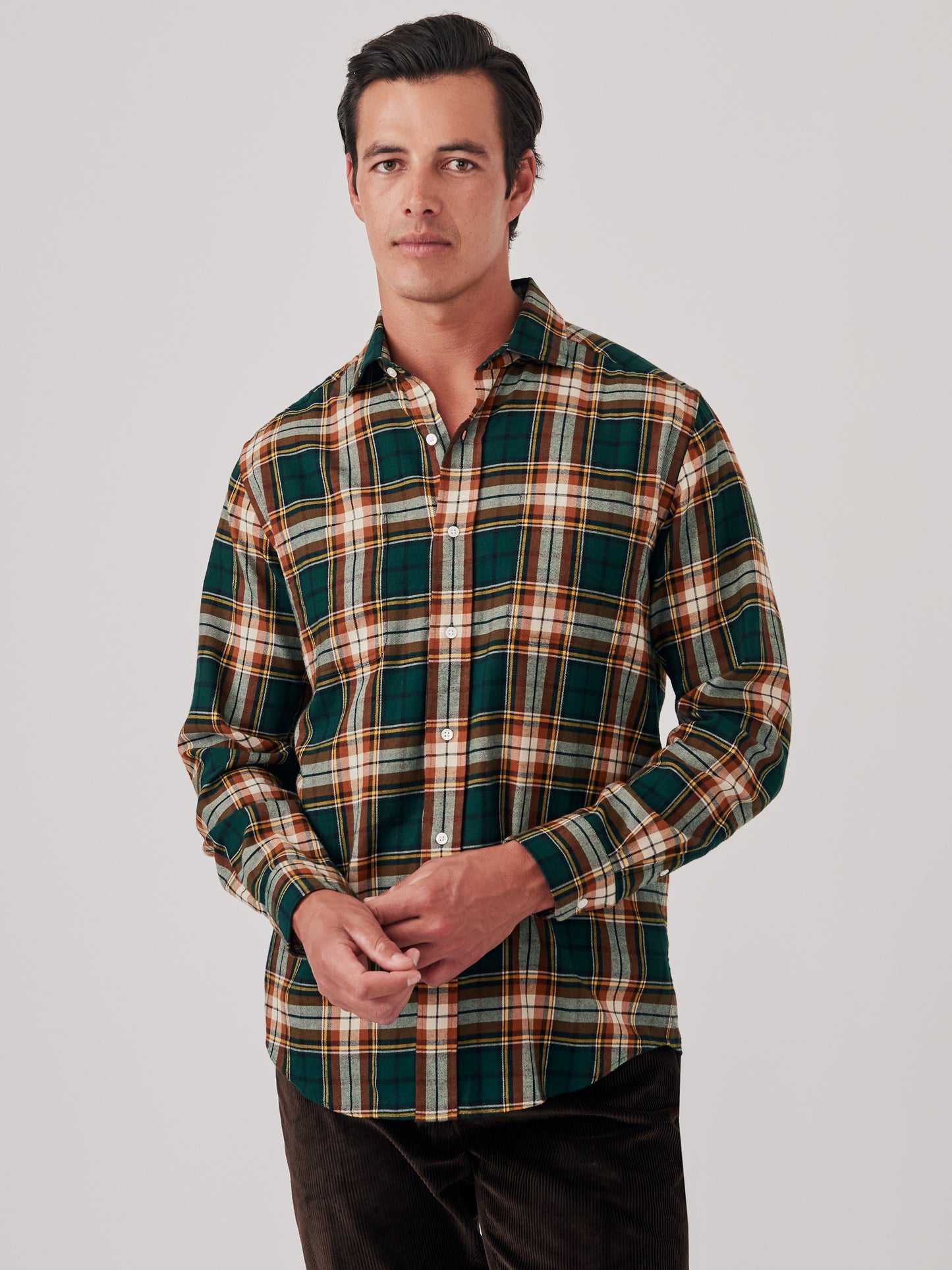 J.McLaughlin Glenmere shirt in green/brown/gold made with cotton.