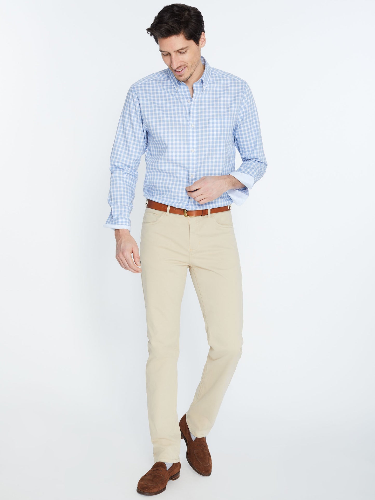 Model wearing J.McLaughlin Parker pants in stone made with cotton/spandex.