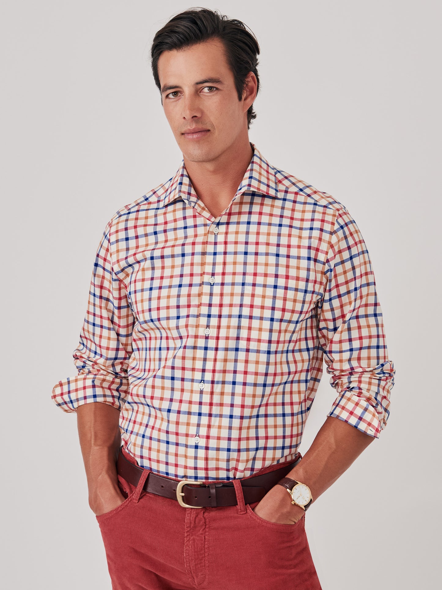 J.McLaughlin Club shirt in orange/ivory/oxford blue made with cotton.