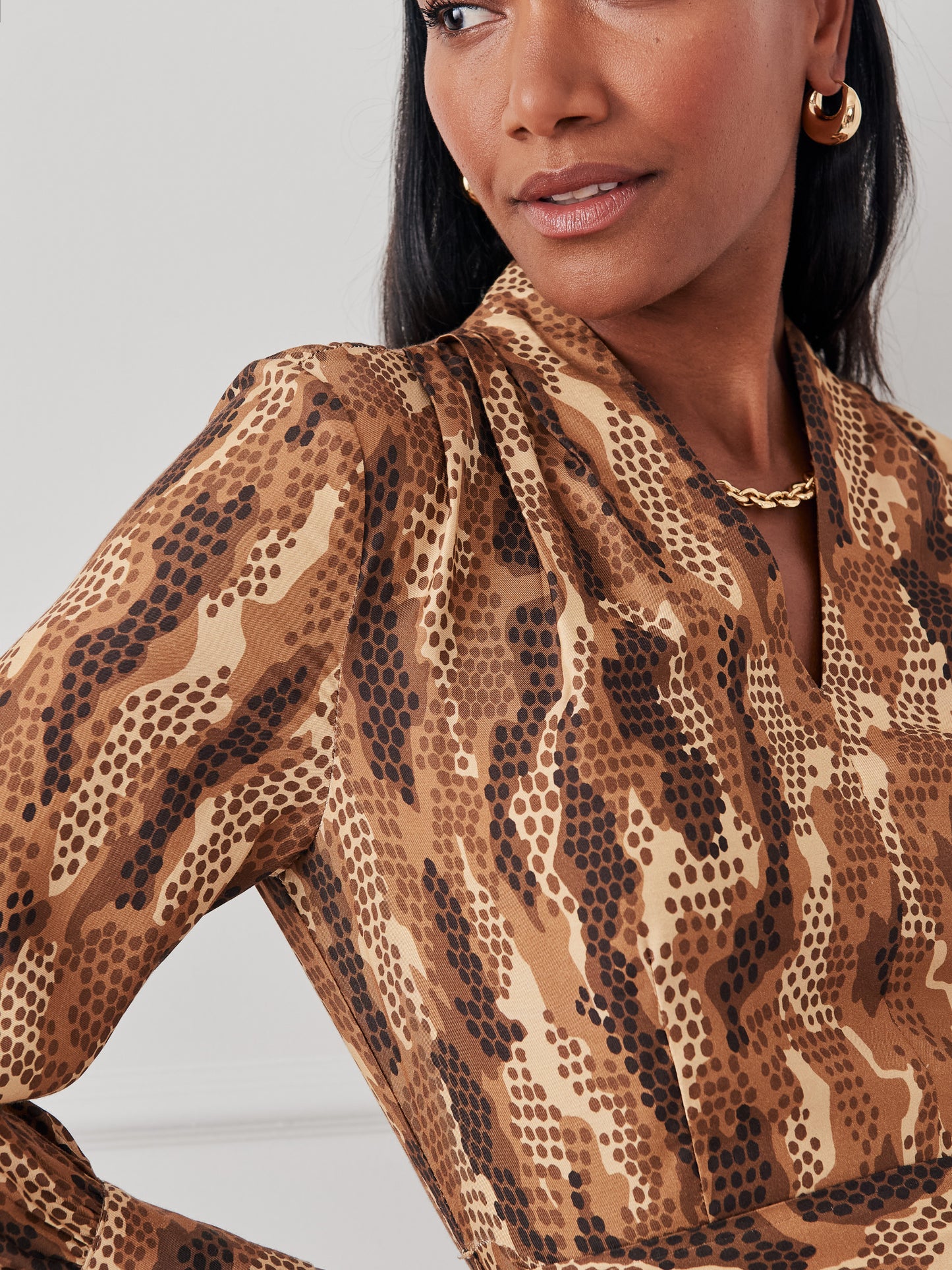 J.McLaughlin Portia dress in black/camel made with silk viscose.
