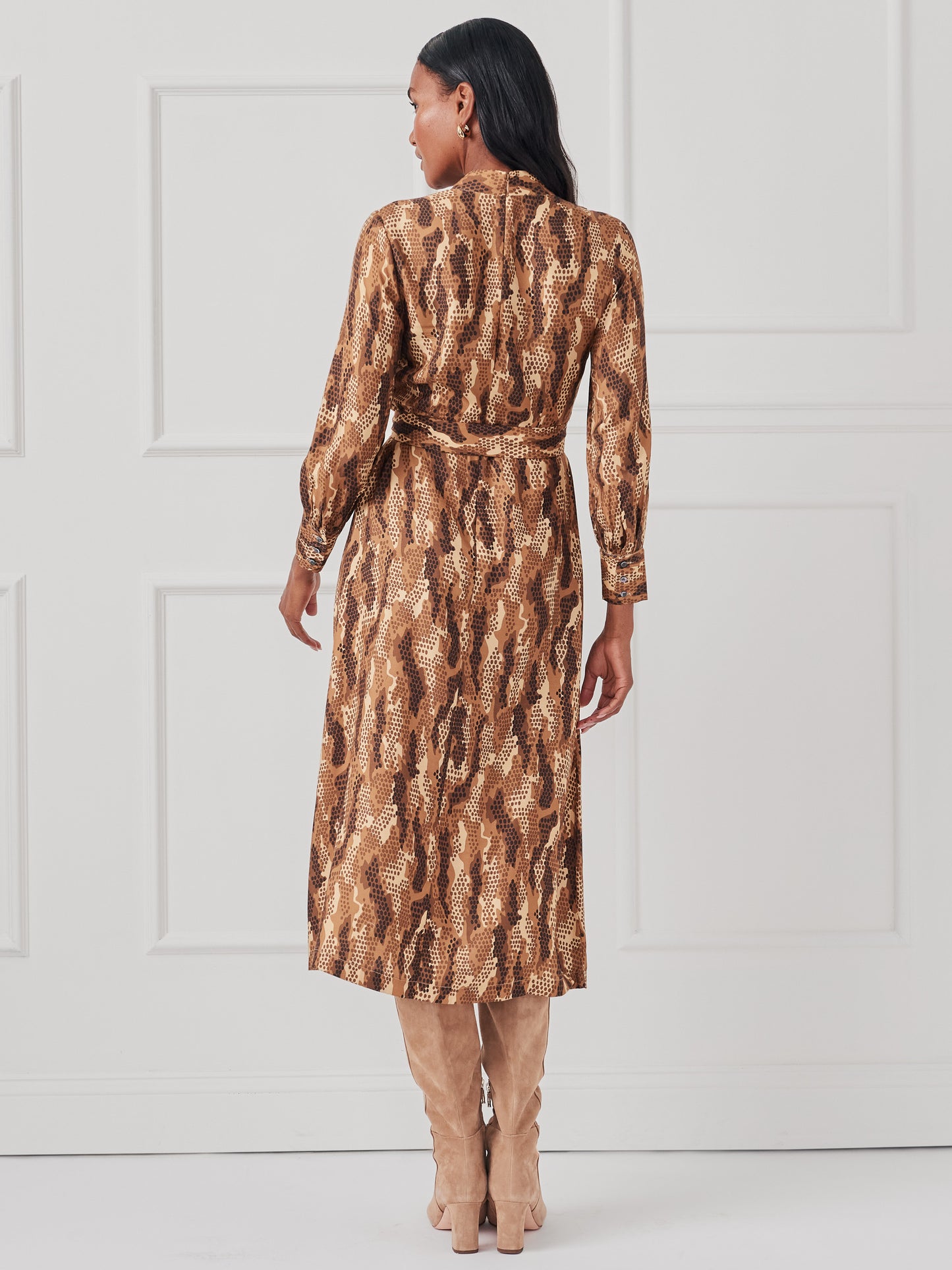 J.McLaughlin Portia dress in black/camel made with silk viscose.