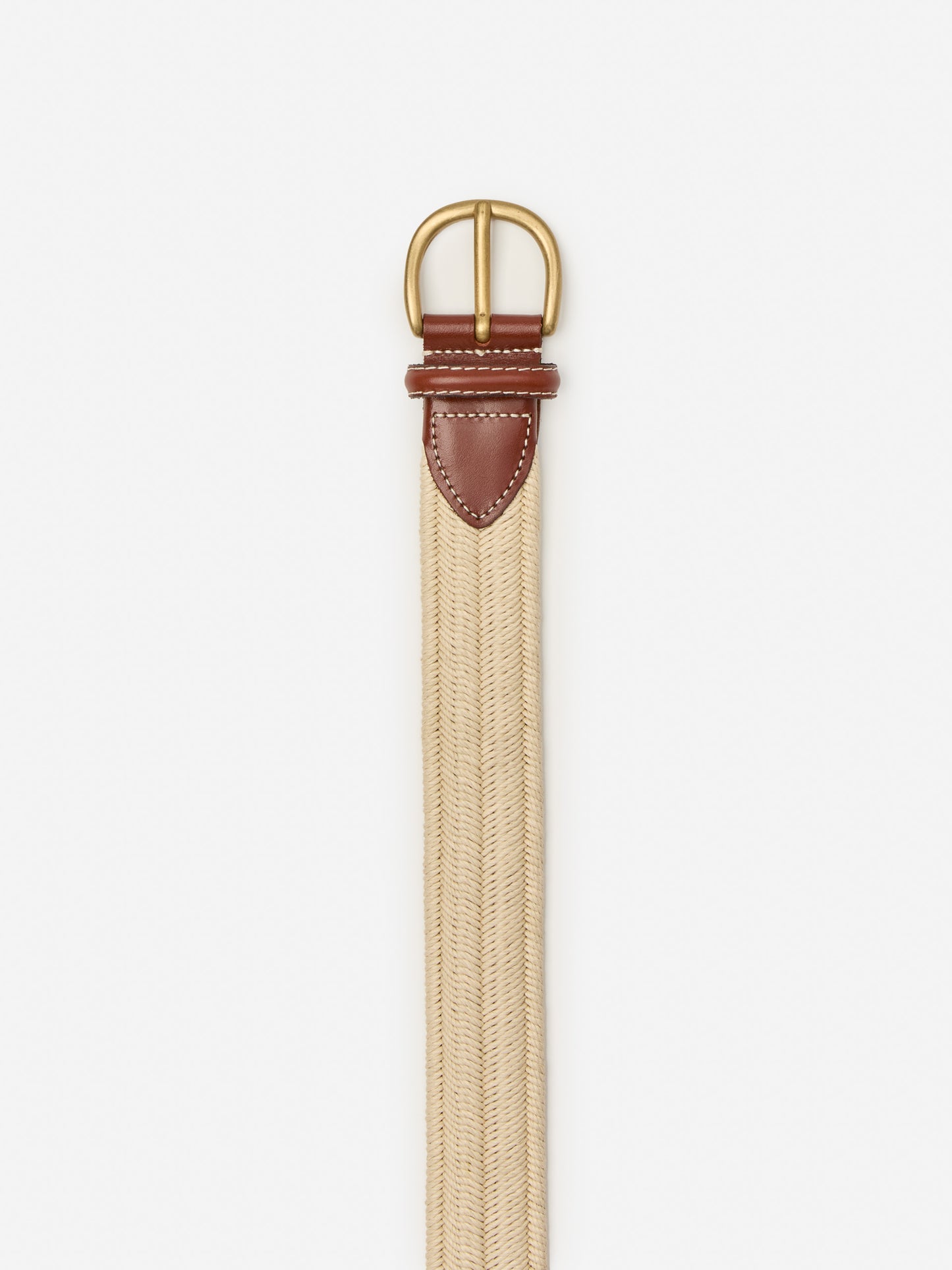 Ray Belt by J.McLaughlin featuring a woven natural fabric with brown leather accents and a brass buckle, combining effortlessly stylish design and enduring appeal.