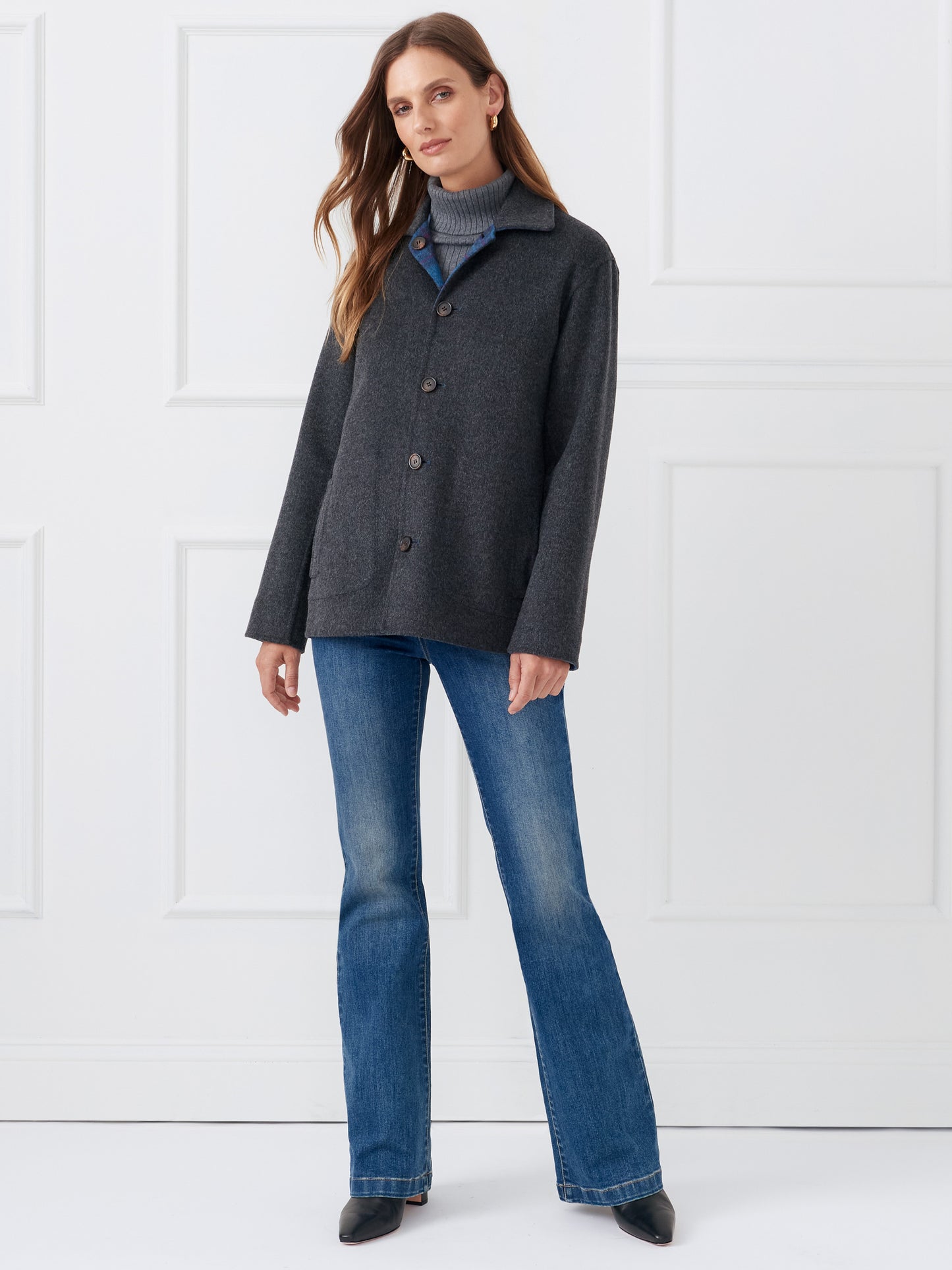 J.McLaughlin Reid coat in charcoal made with wool.