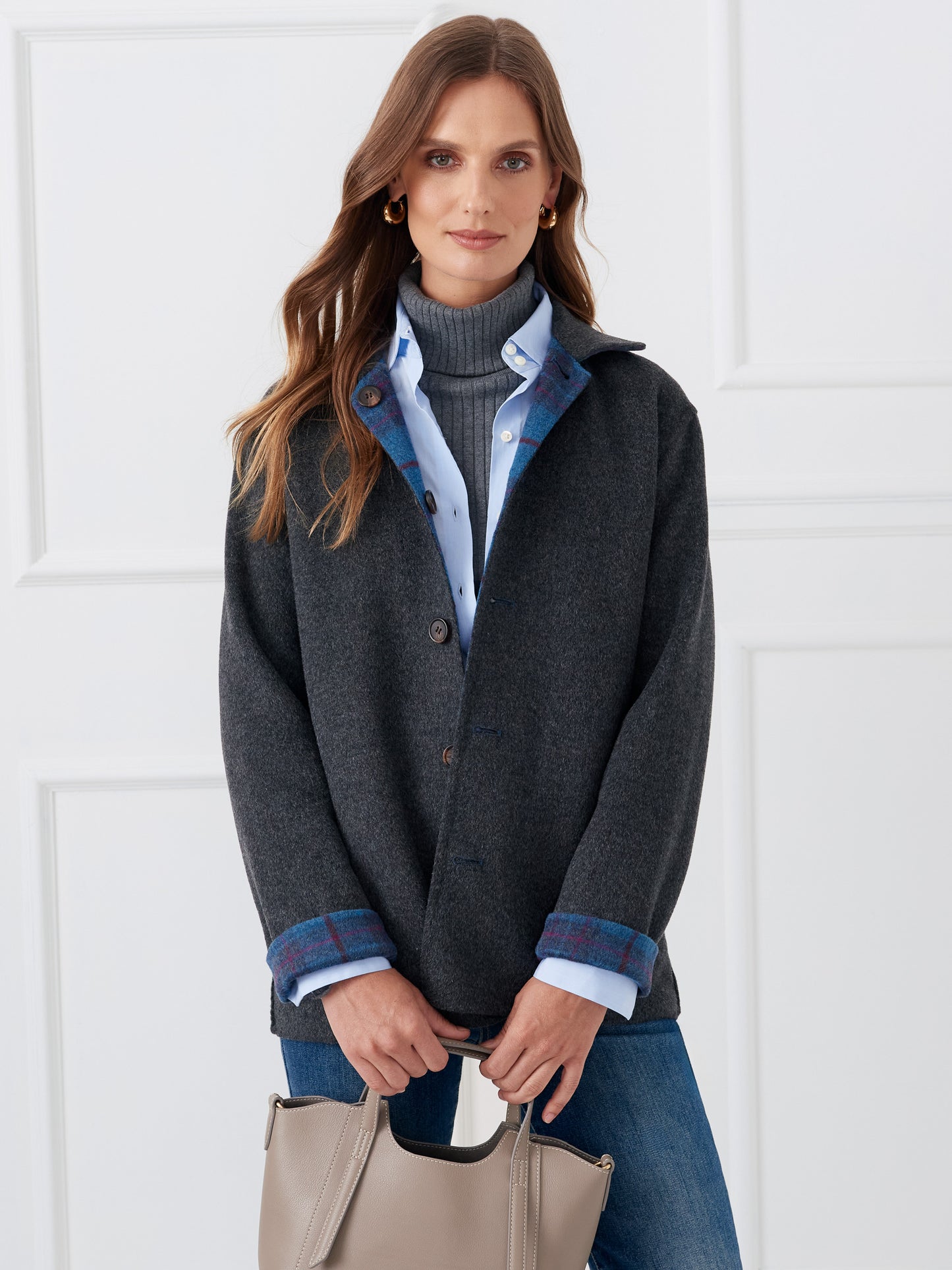 J.McLaughlin Reid coat in charcoal made with wool.