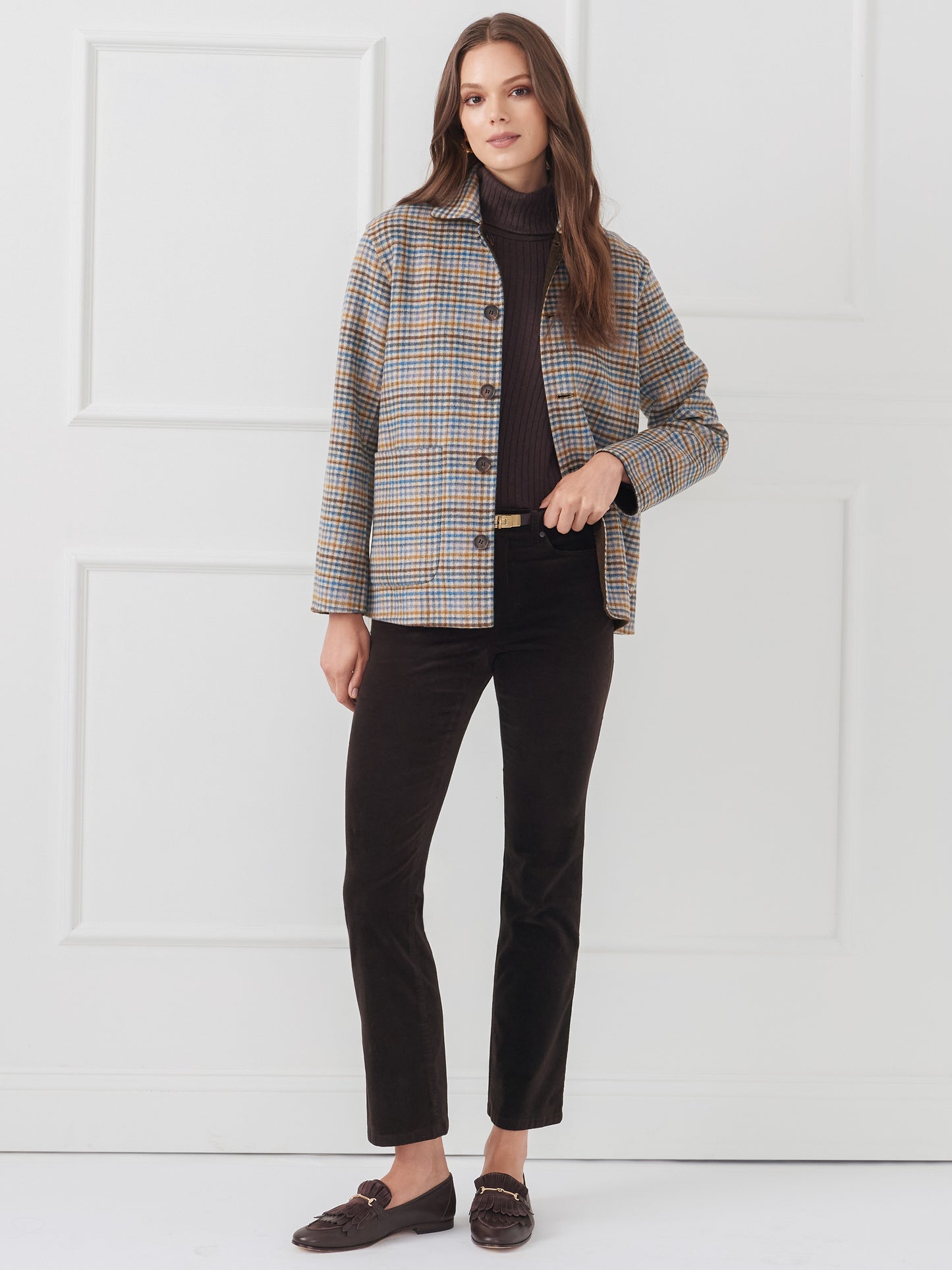 J.McLaughlin Reed coat in dark coffee made with wool.
