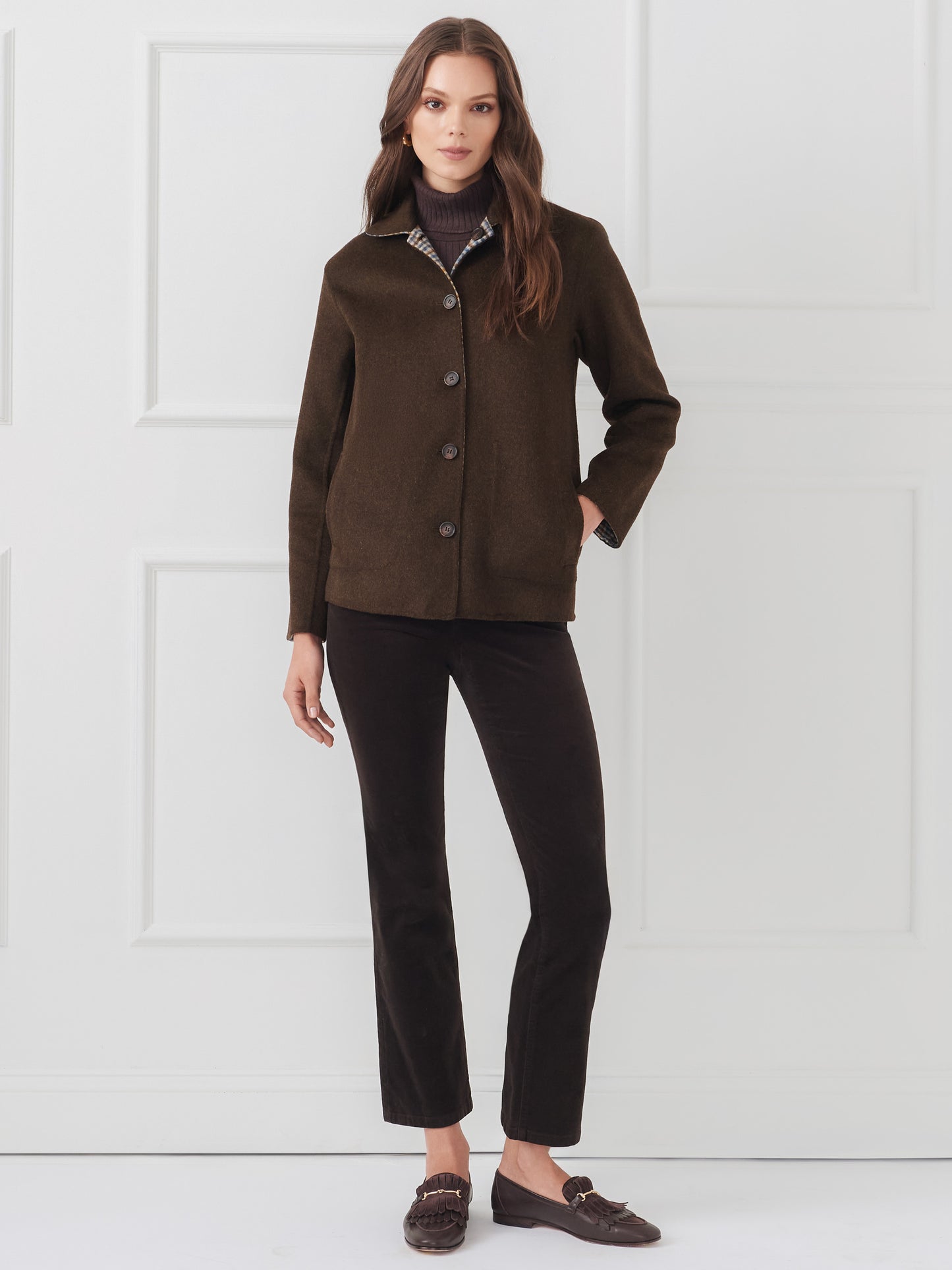 J.McLaughlin Reed coat in dark coffee made with wool.