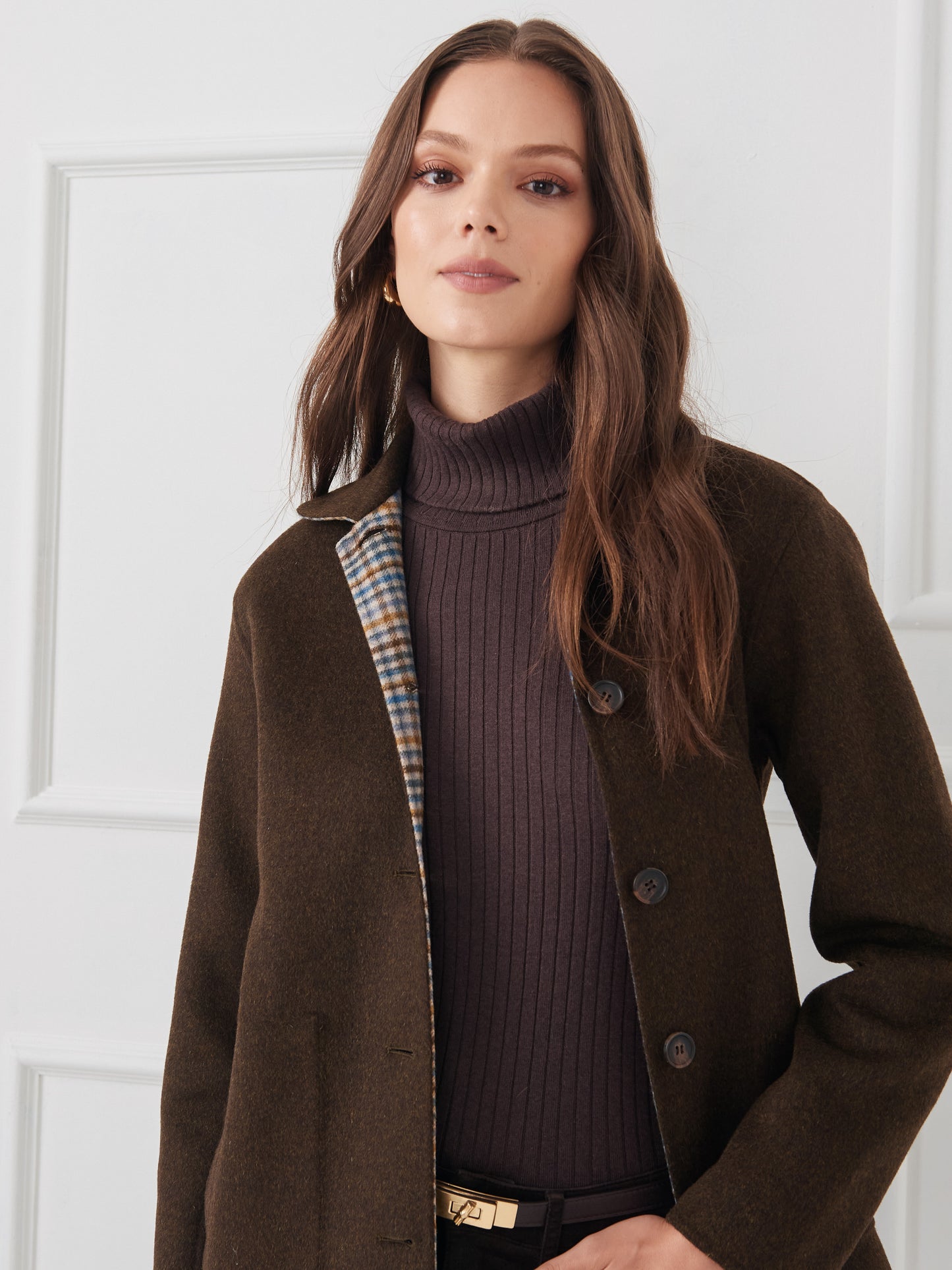 J.McLaughlin Reed coat in dark coffee made with wool.