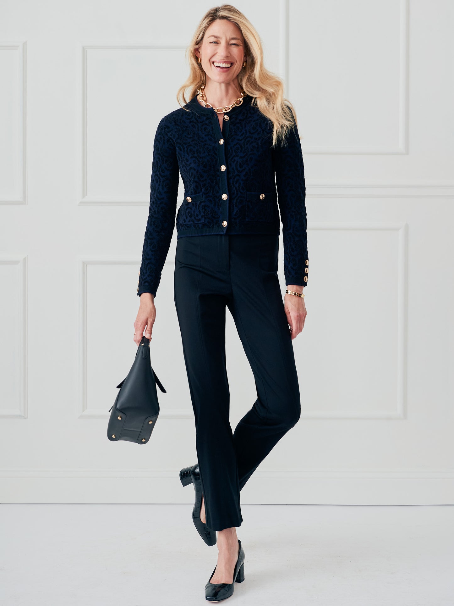J.McLaughlin Reva sweater in black/navy made with polyester.