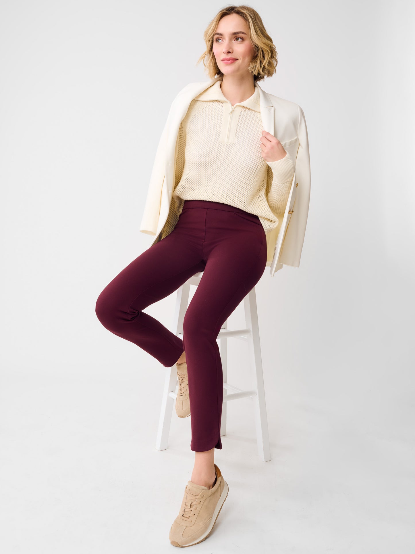 J.McLaughlin Romilly pants in Burgundy made with Bainbridge Cloth.
