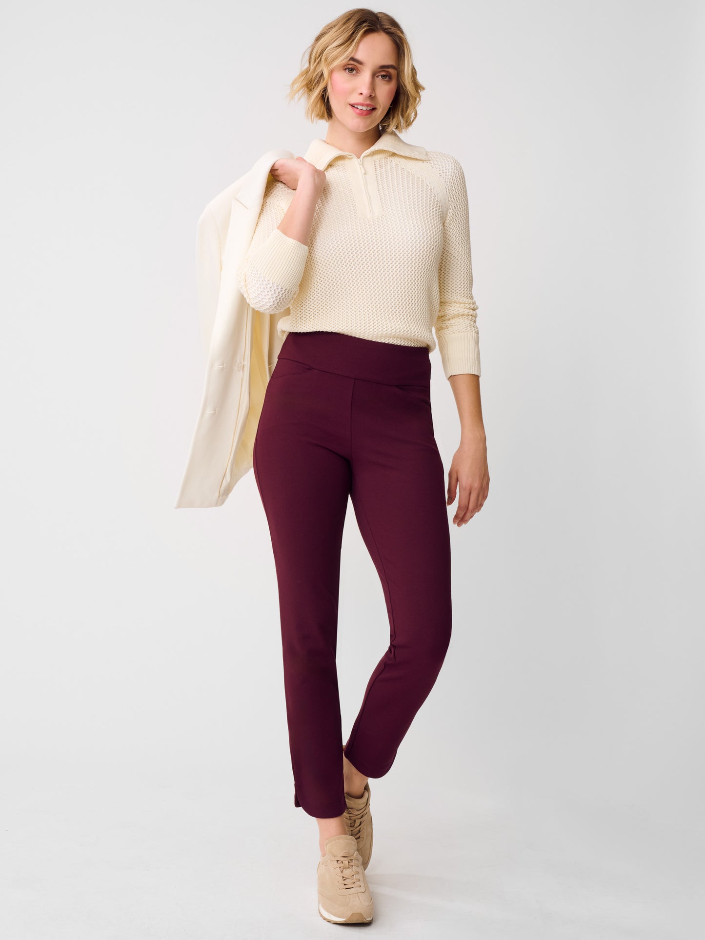 J.McLaughlin Romilly pants in Burgundy made with Bainbridge Cloth.