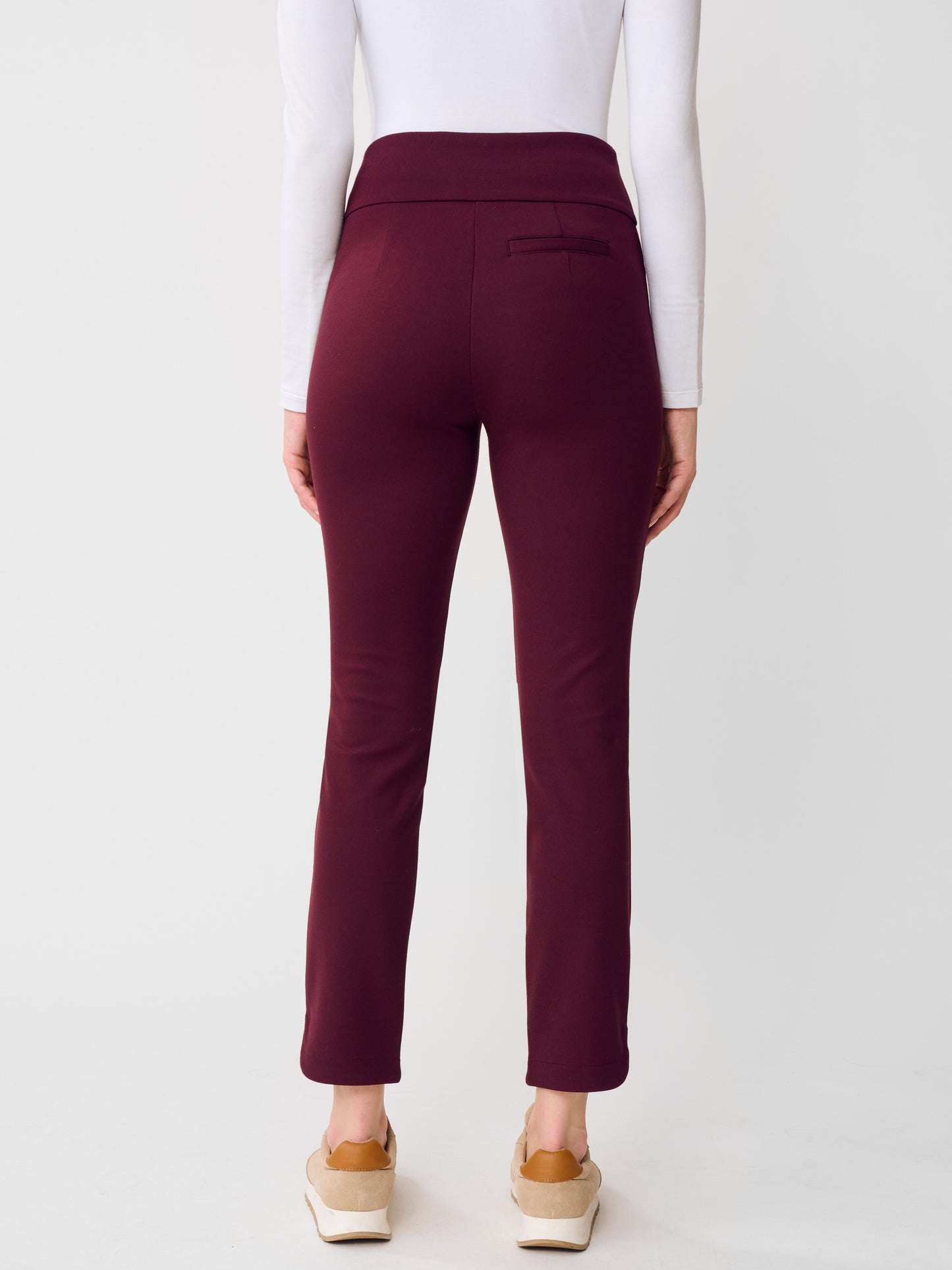 J.McLaughlin Romilly pants in Burgundy made with Bainbridge Cloth.