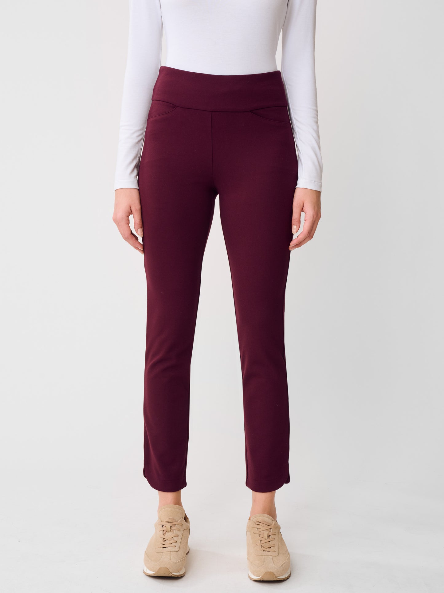 J.McLaughlin Romilly pants in Burgundy made with Bainbridge Cloth.