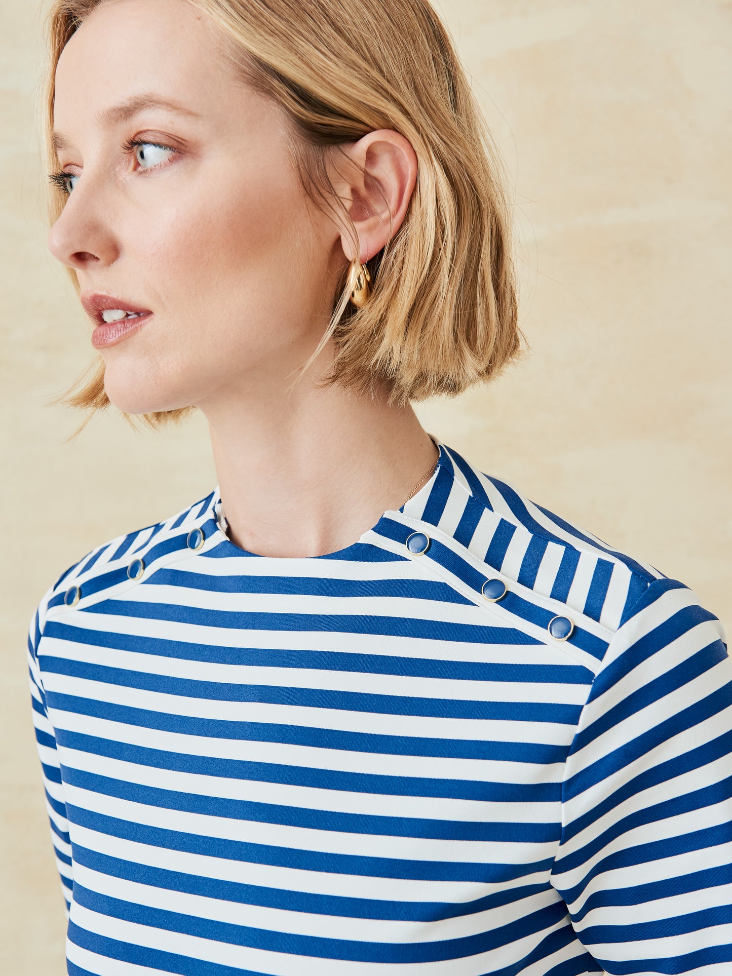 J.McLaughlin Rose top in white/light navy made with catalina cloth.